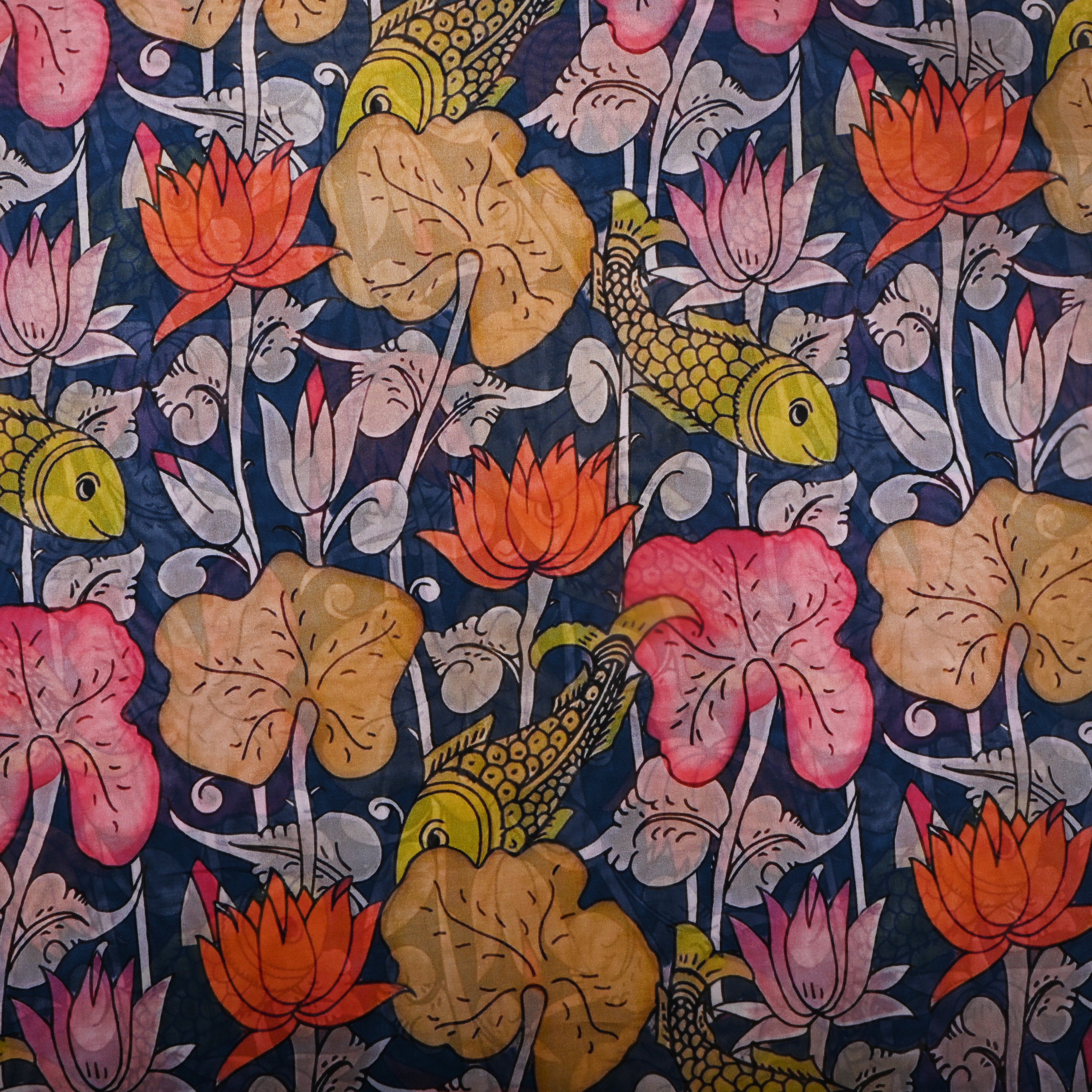 Navy Blue Printed Silk Fabric