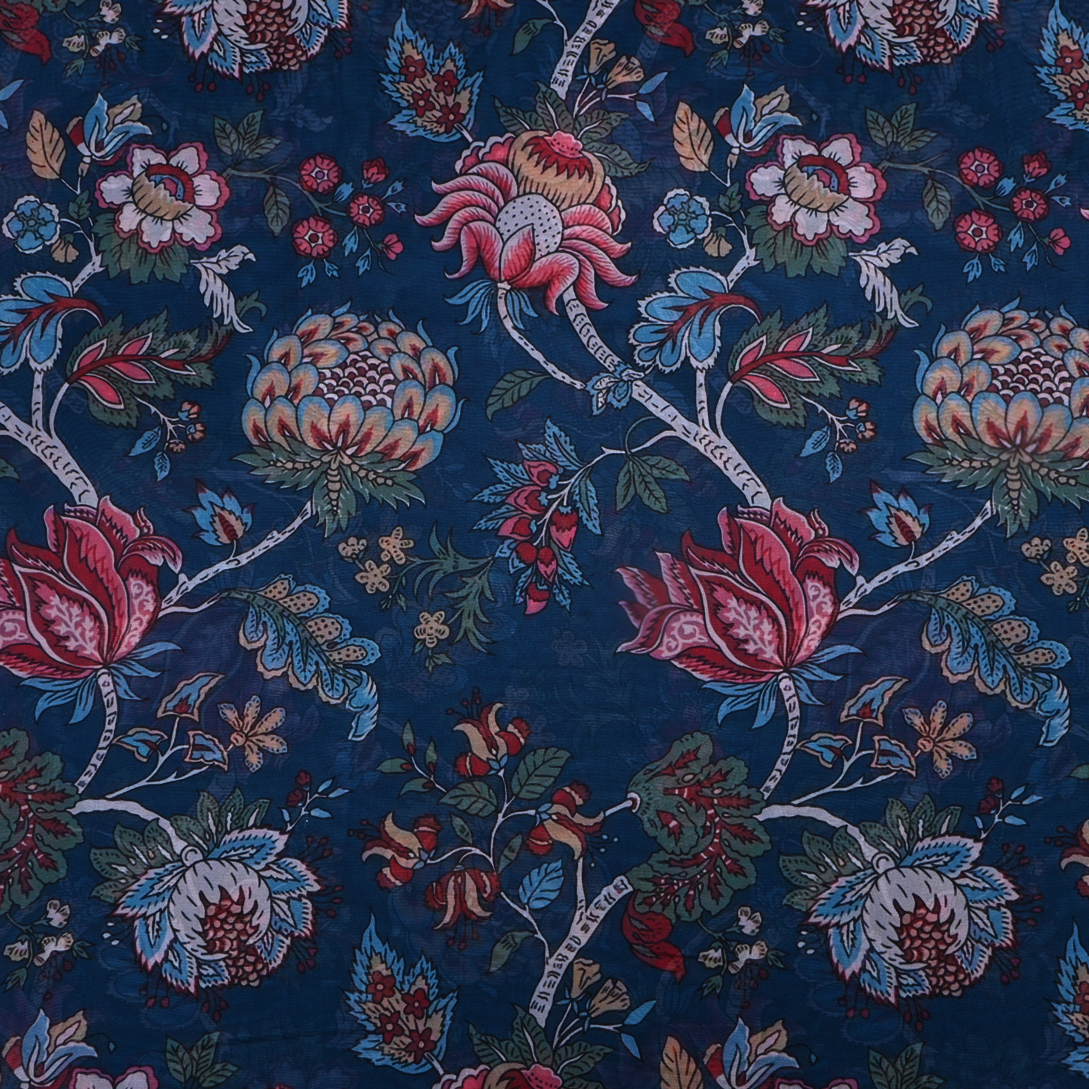 Deep Sea Blue Floral Printed Silk Fabric