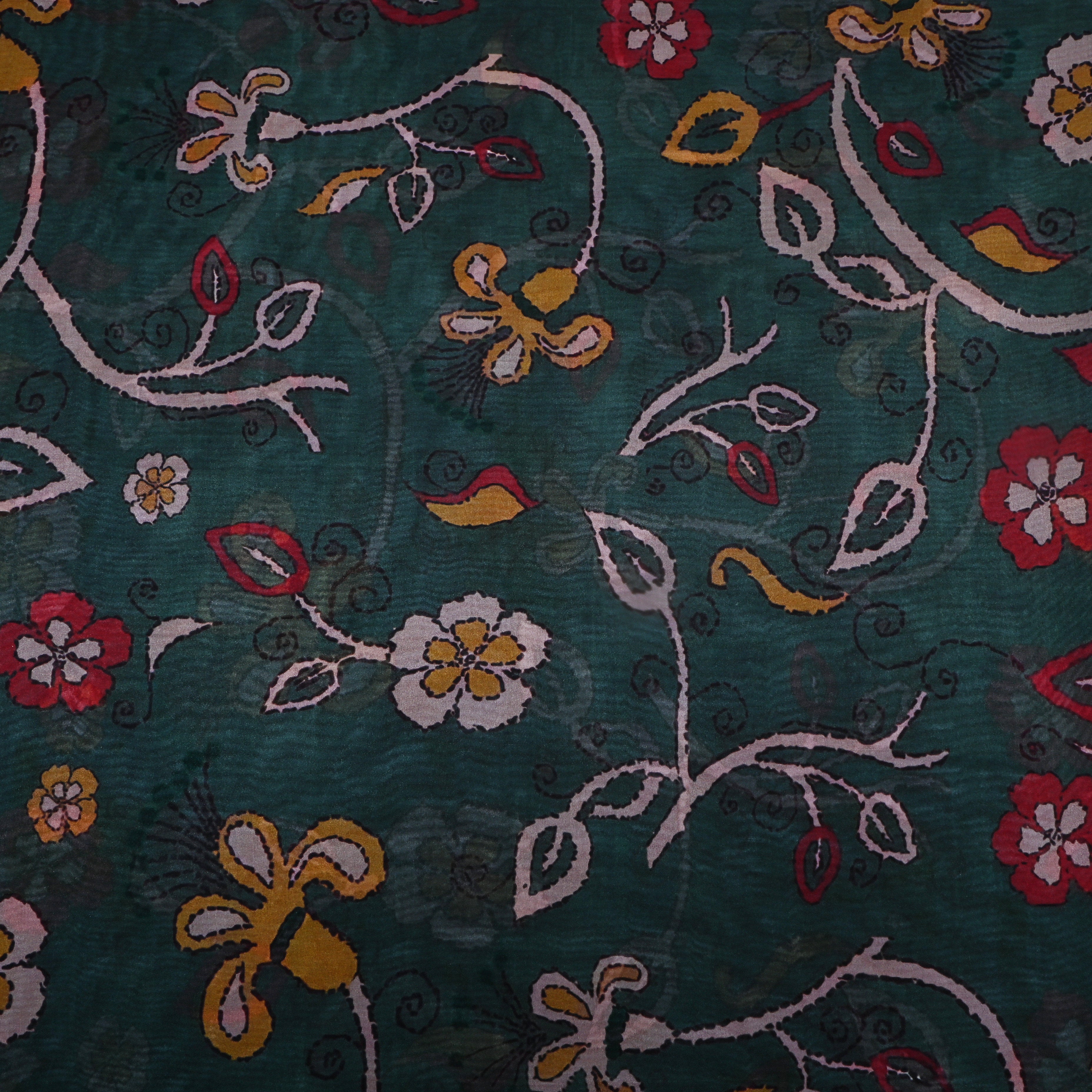 Dark Green Floral Printed Silk Fabric