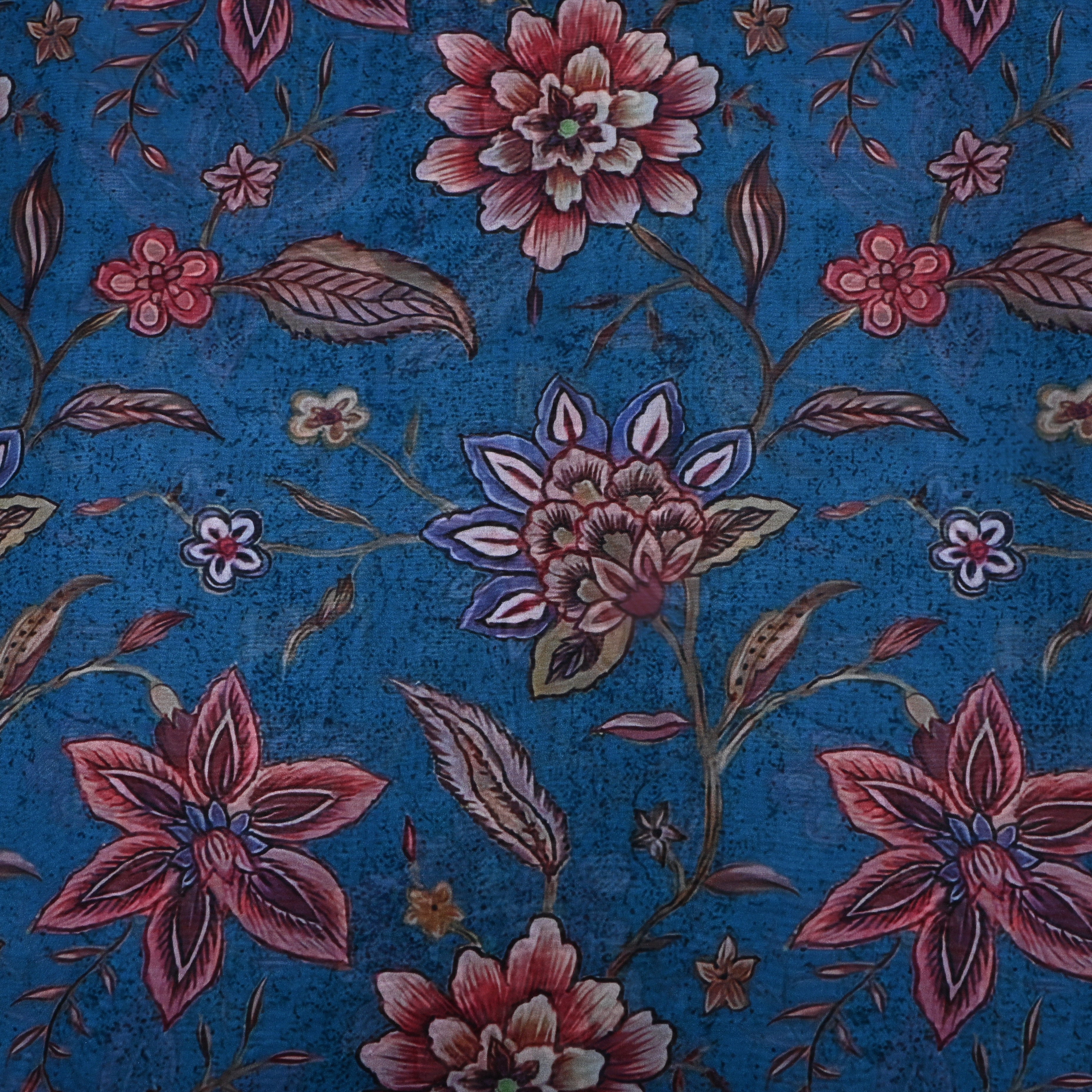 Cerulean Blue Floral Printed Silk Fabric