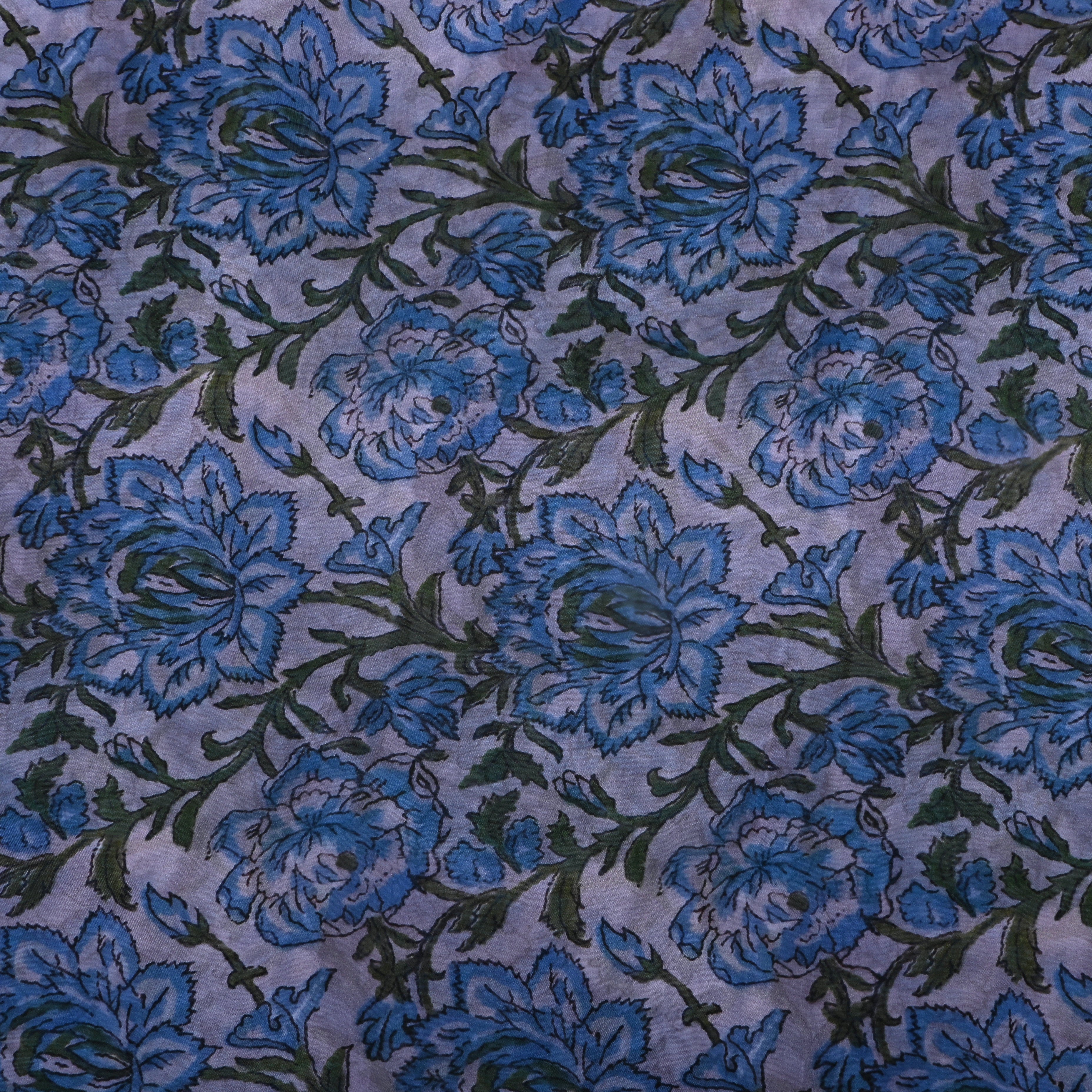 Bluish Off-White Floral Printed Silk Fabric
