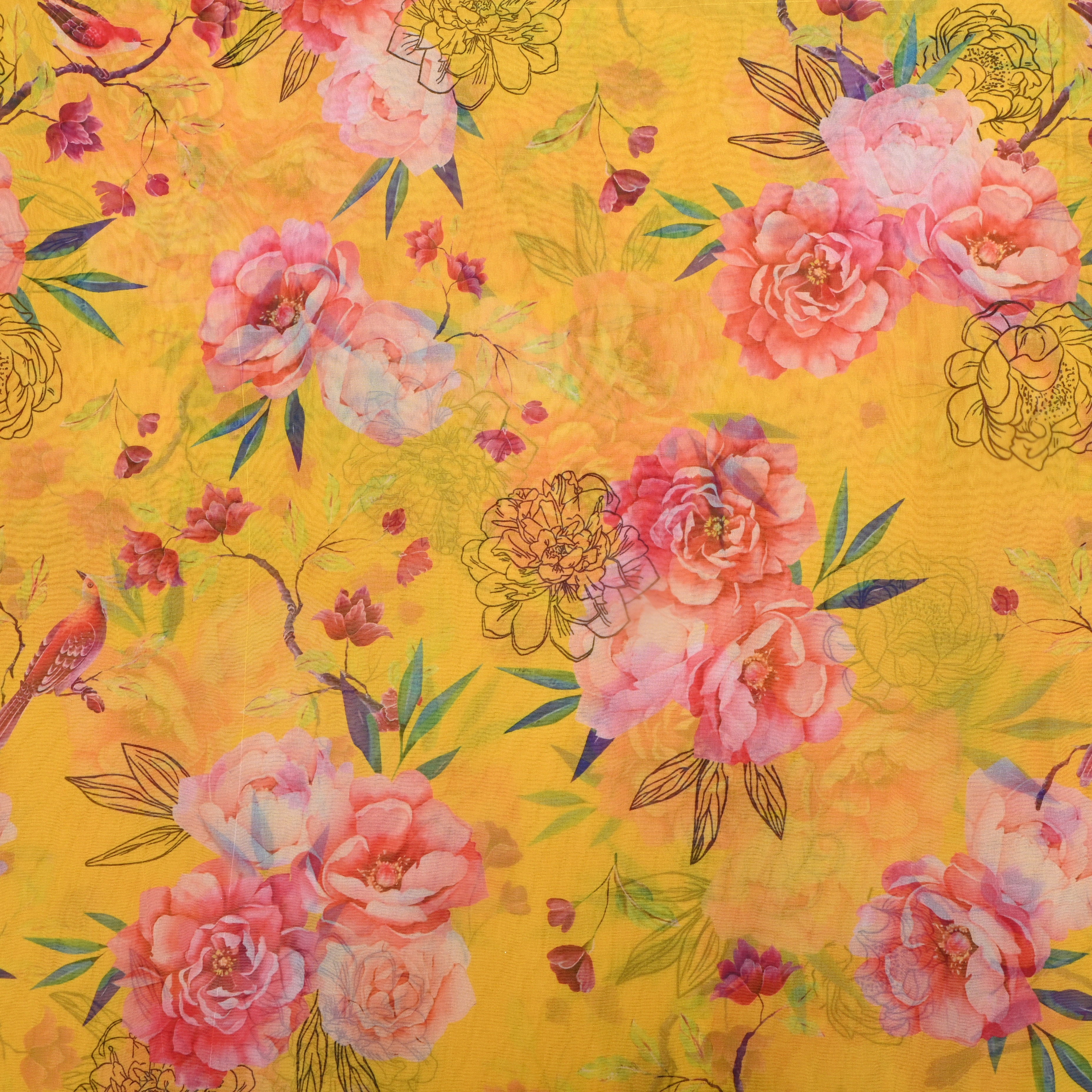 Mustard Yellow Floral Printed Organza Fabric
