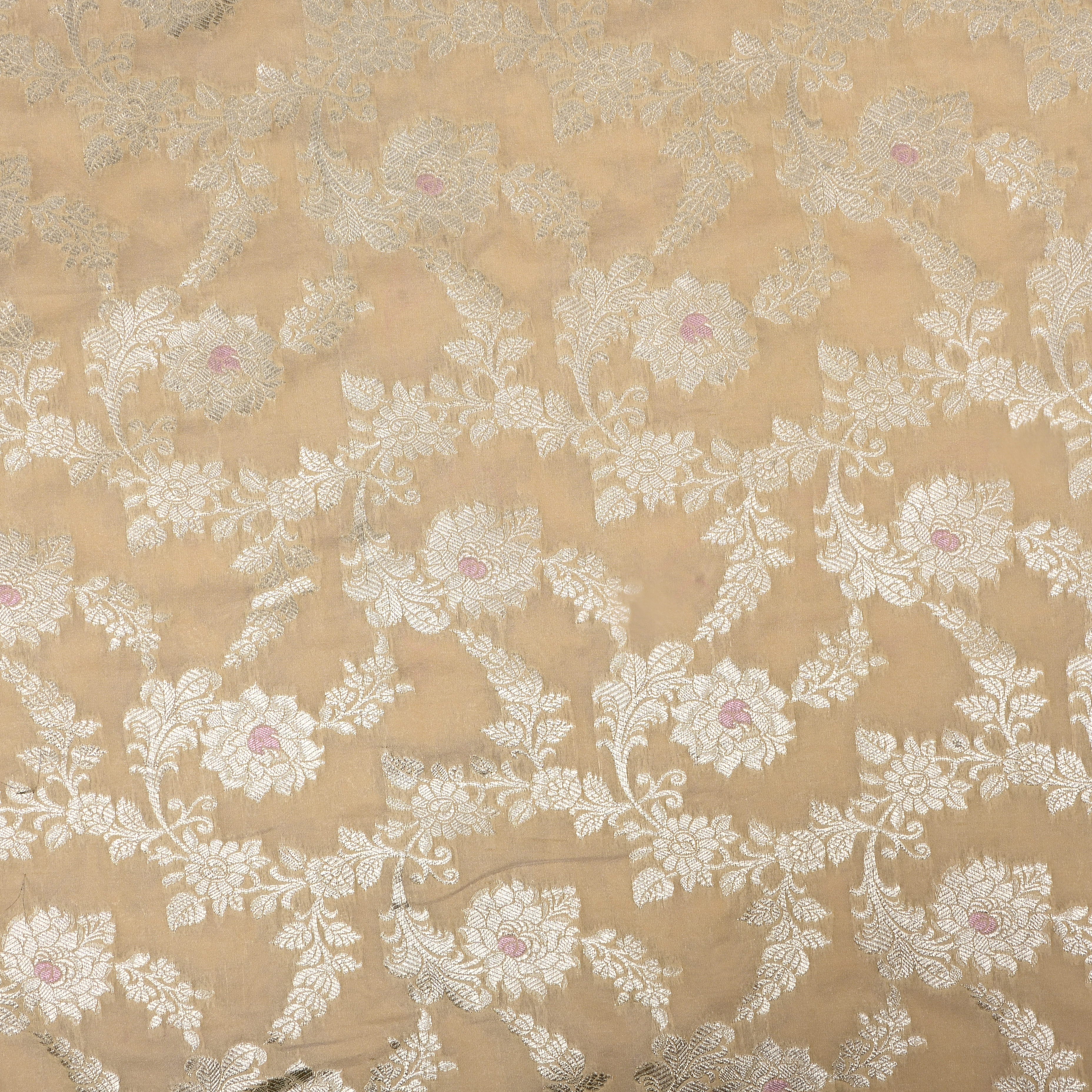 Beige Floral Zari Woven Jamawar Silk Fabric