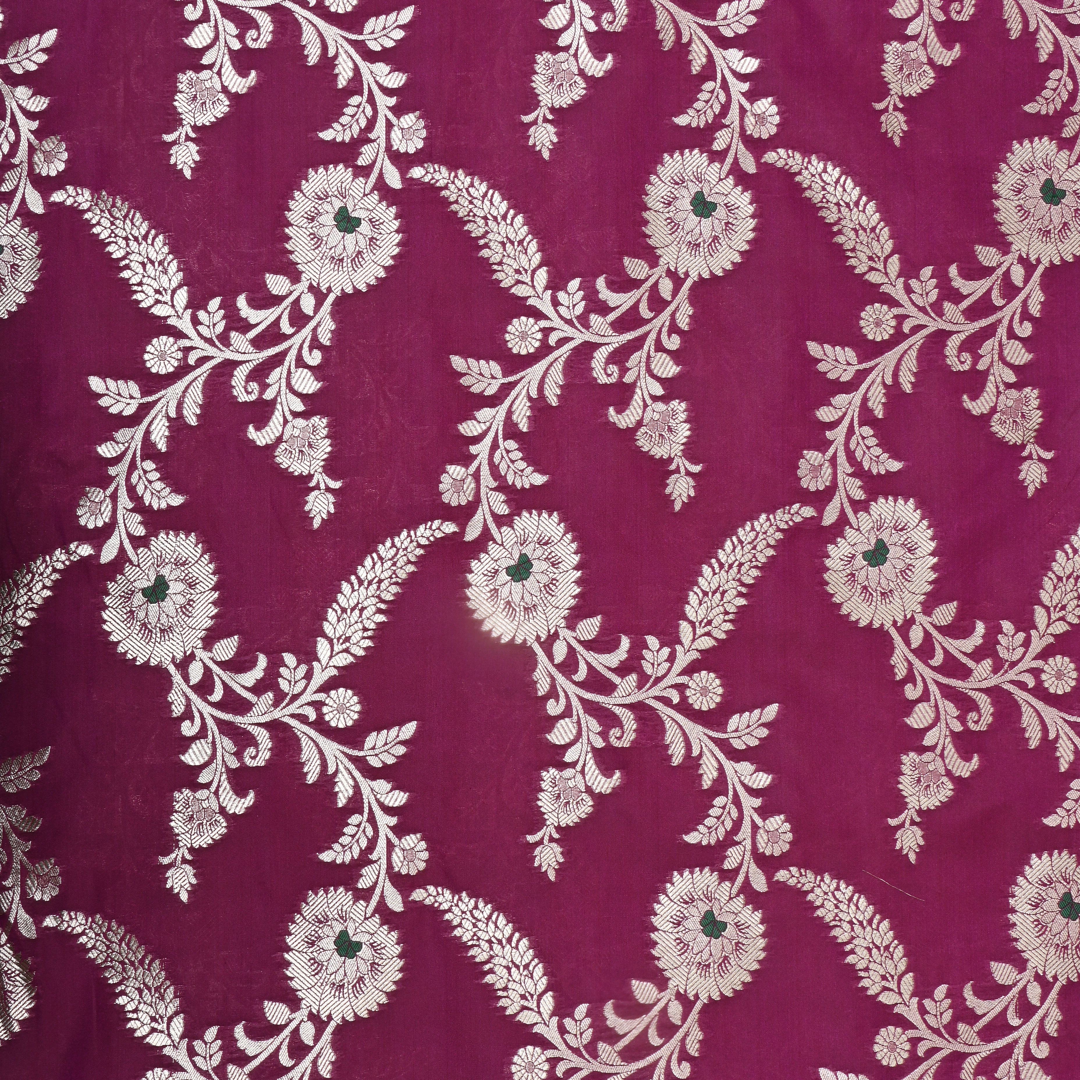 Magenta Purple Floral Zari Jamawar Silk Fabric