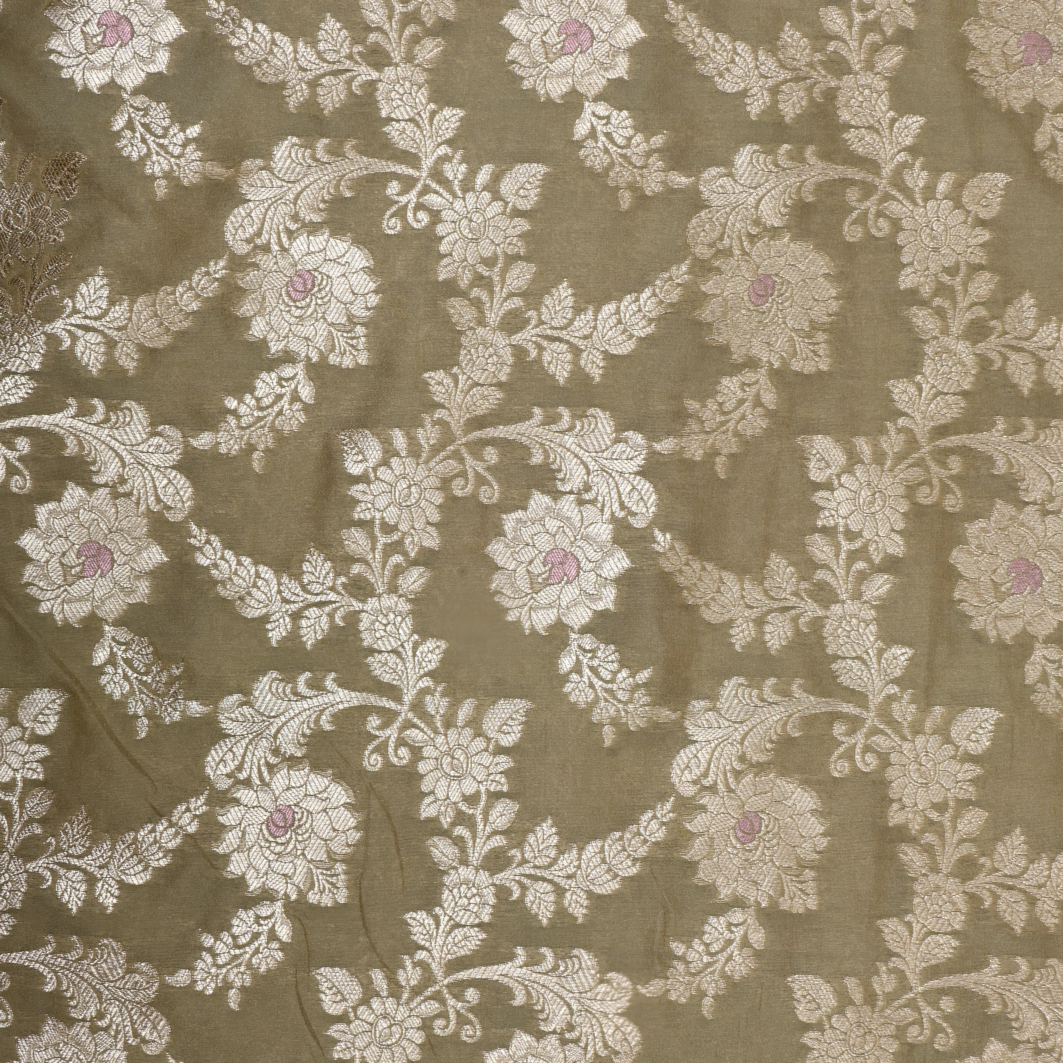 Earthy Brown Floral Zari Woven Jamawar Silk Fabric