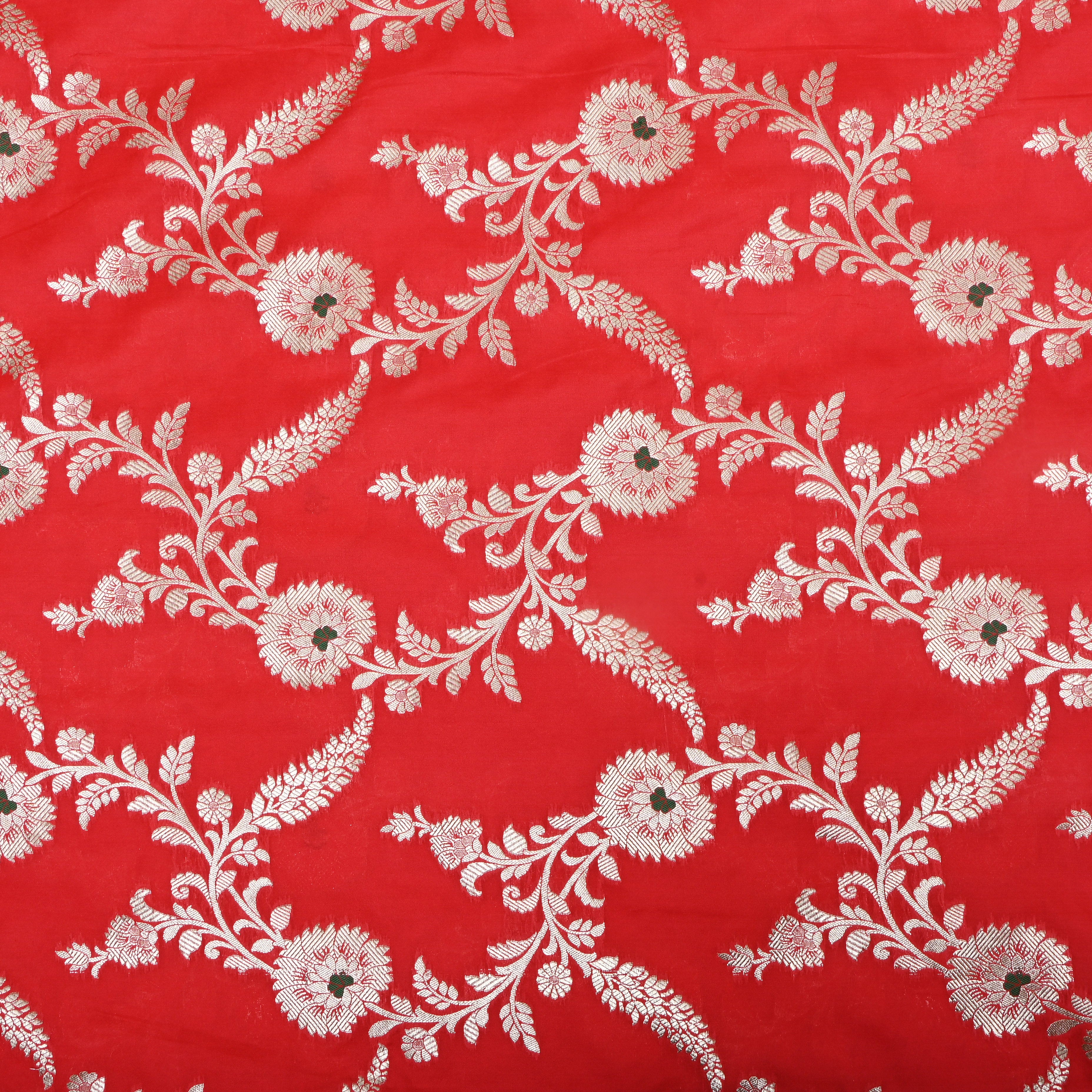 Bright Red Floral Zari Woven Jamawar Silk Fabric