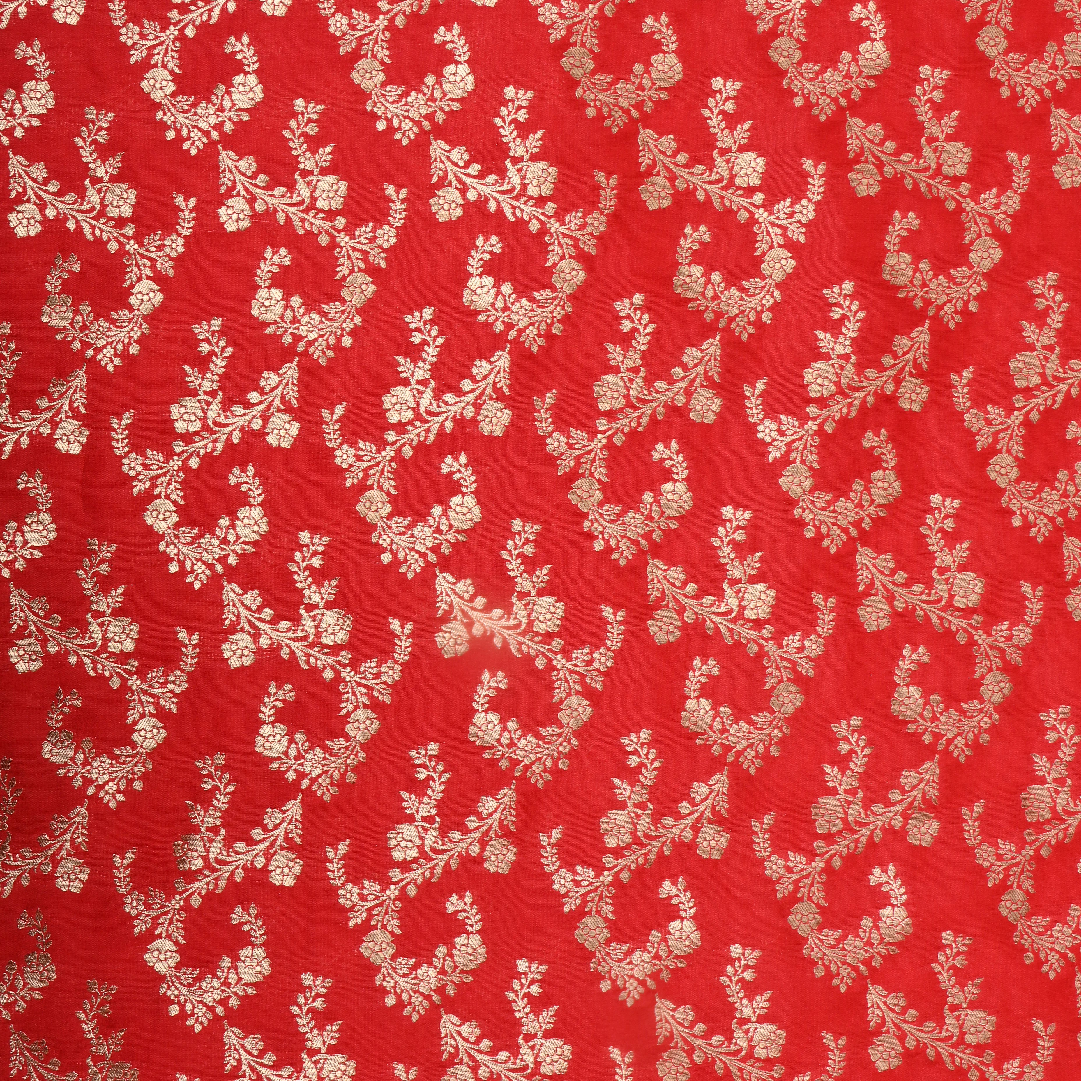 Bright Red Jamawar Floral Silk Fabric