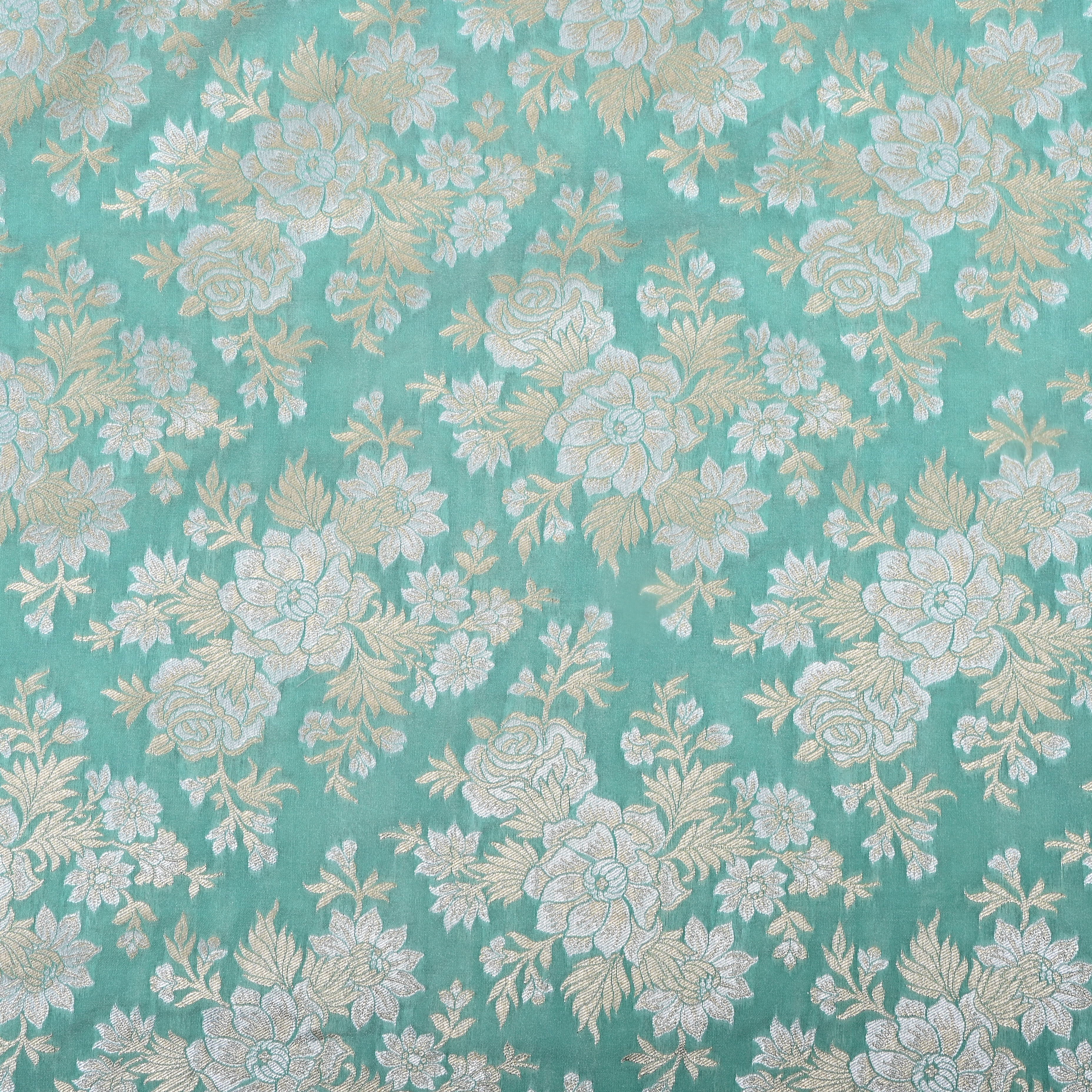 Cyan Blue Floral Zari Woven Jamawar Silk Fabric
