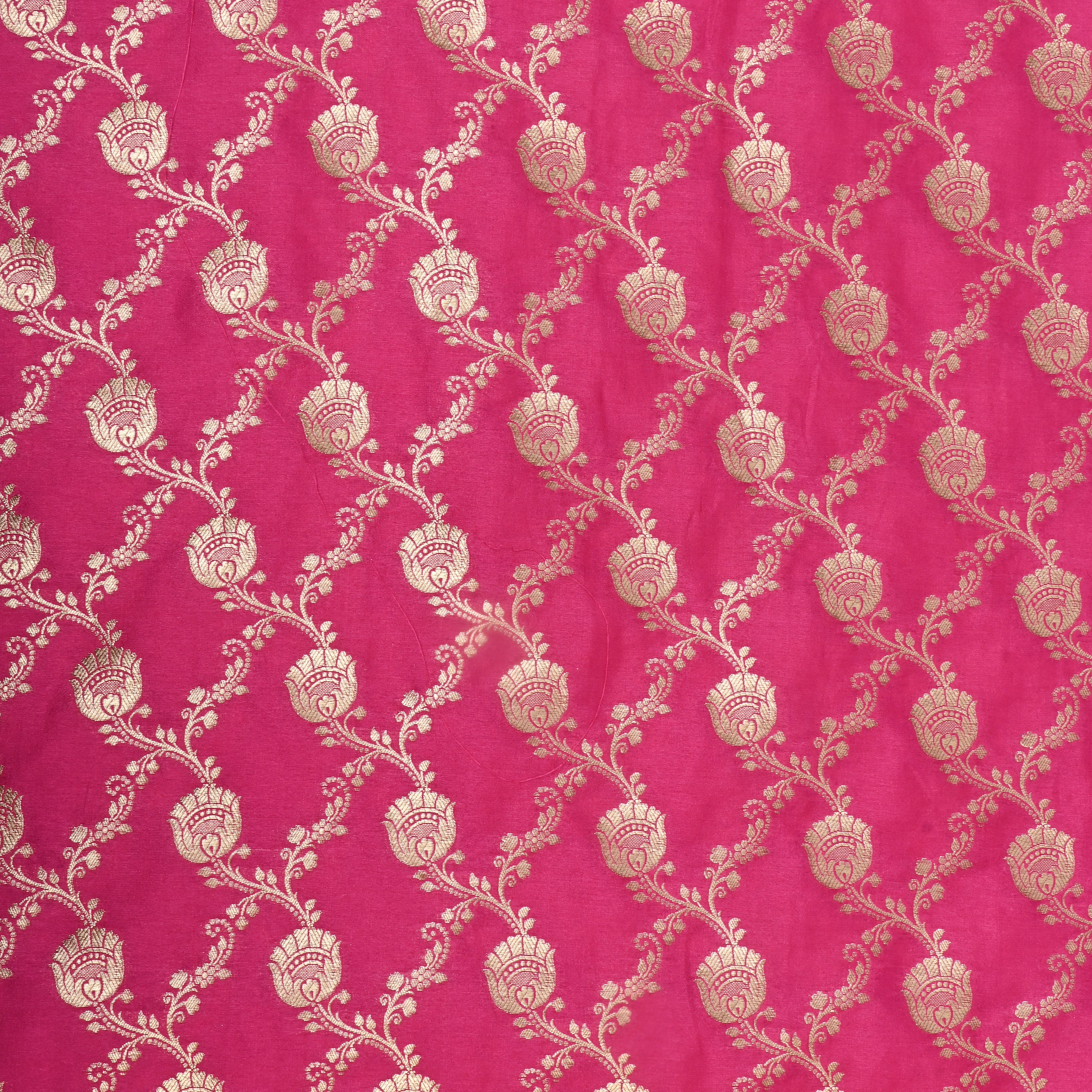 Hot Pink Floral Jaal Woven Jamawar Silk Fabric