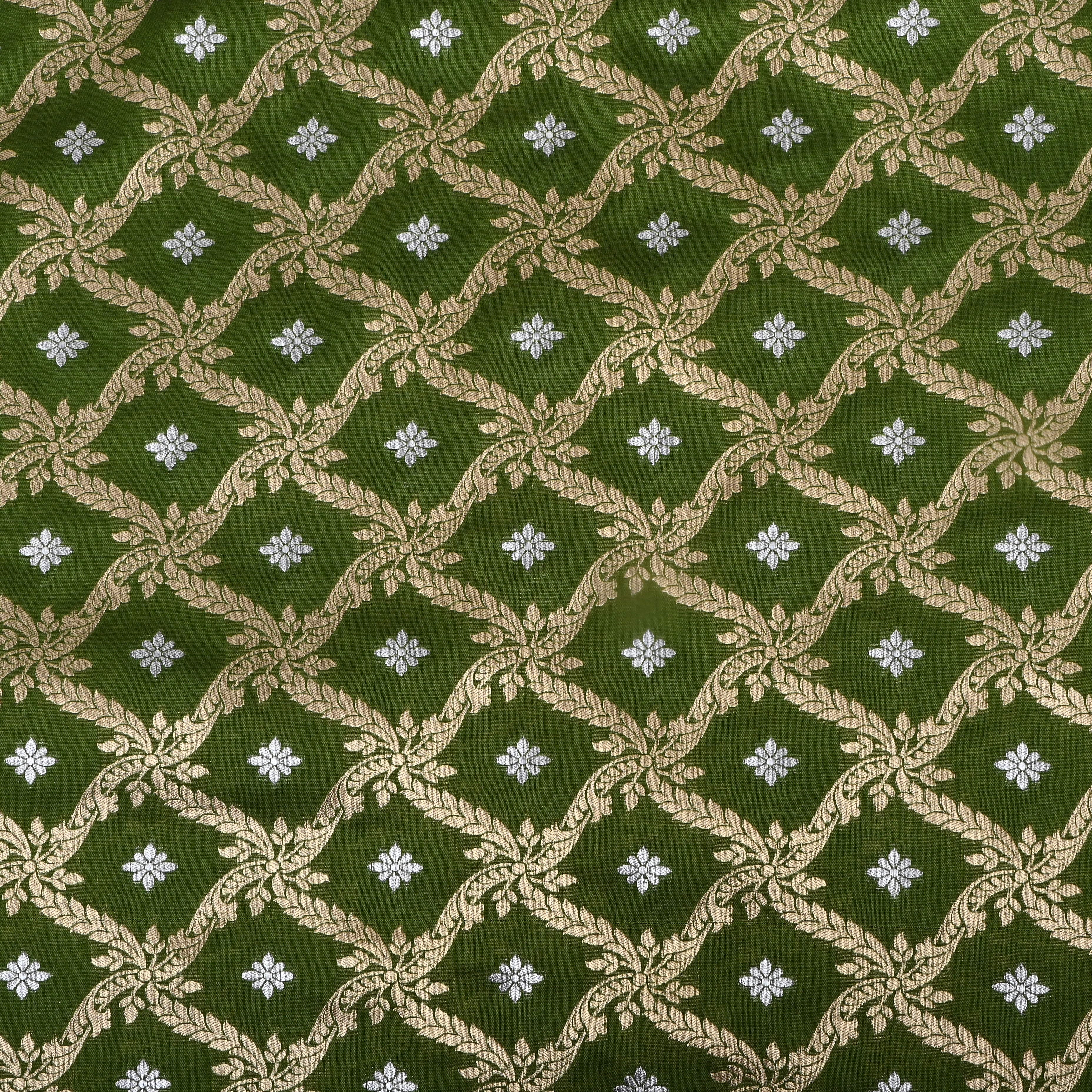 Earthy Dark Green Zari Woven Jamawar Silk Fabric