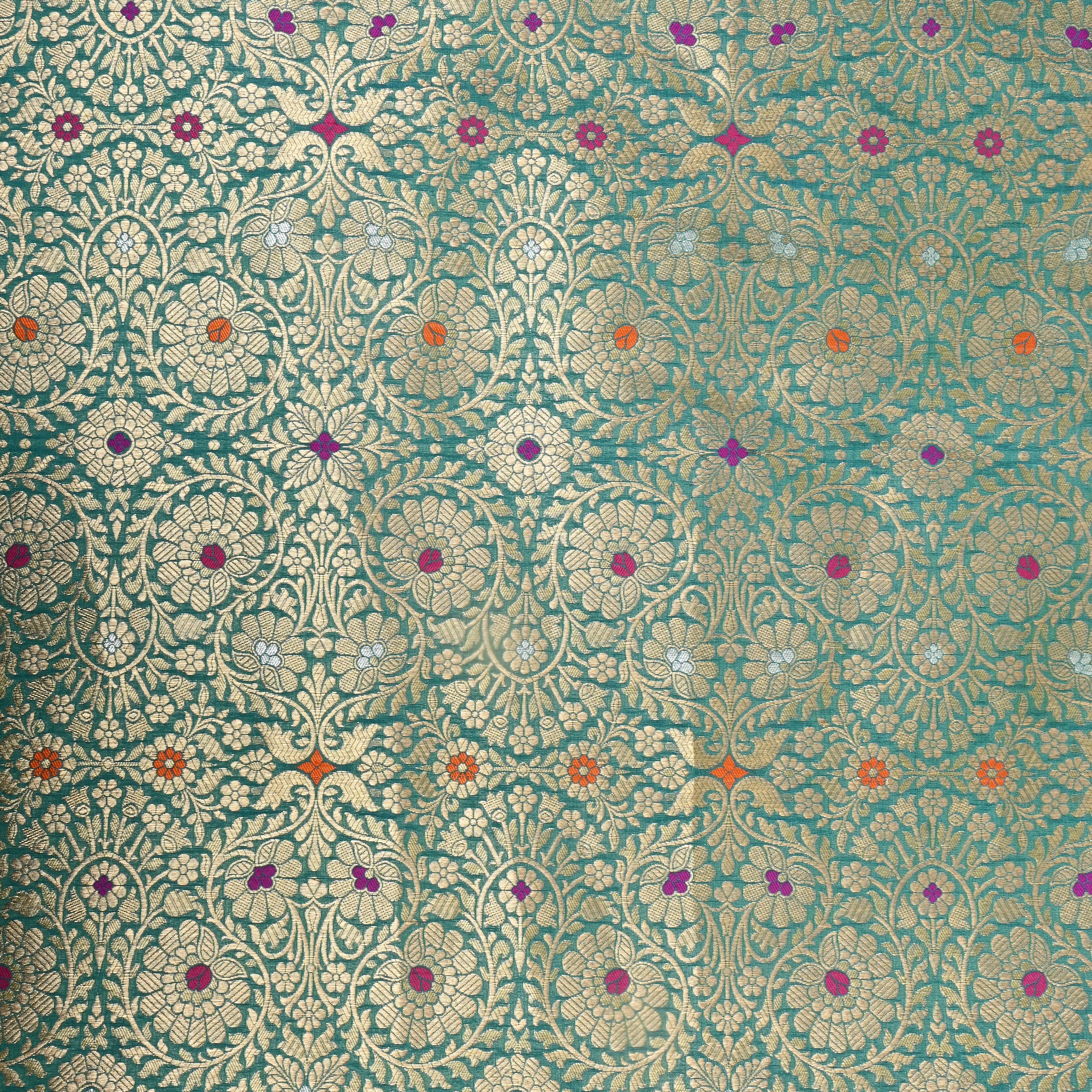 Aquamarine Blue Floral Jamawar Silk Fabric