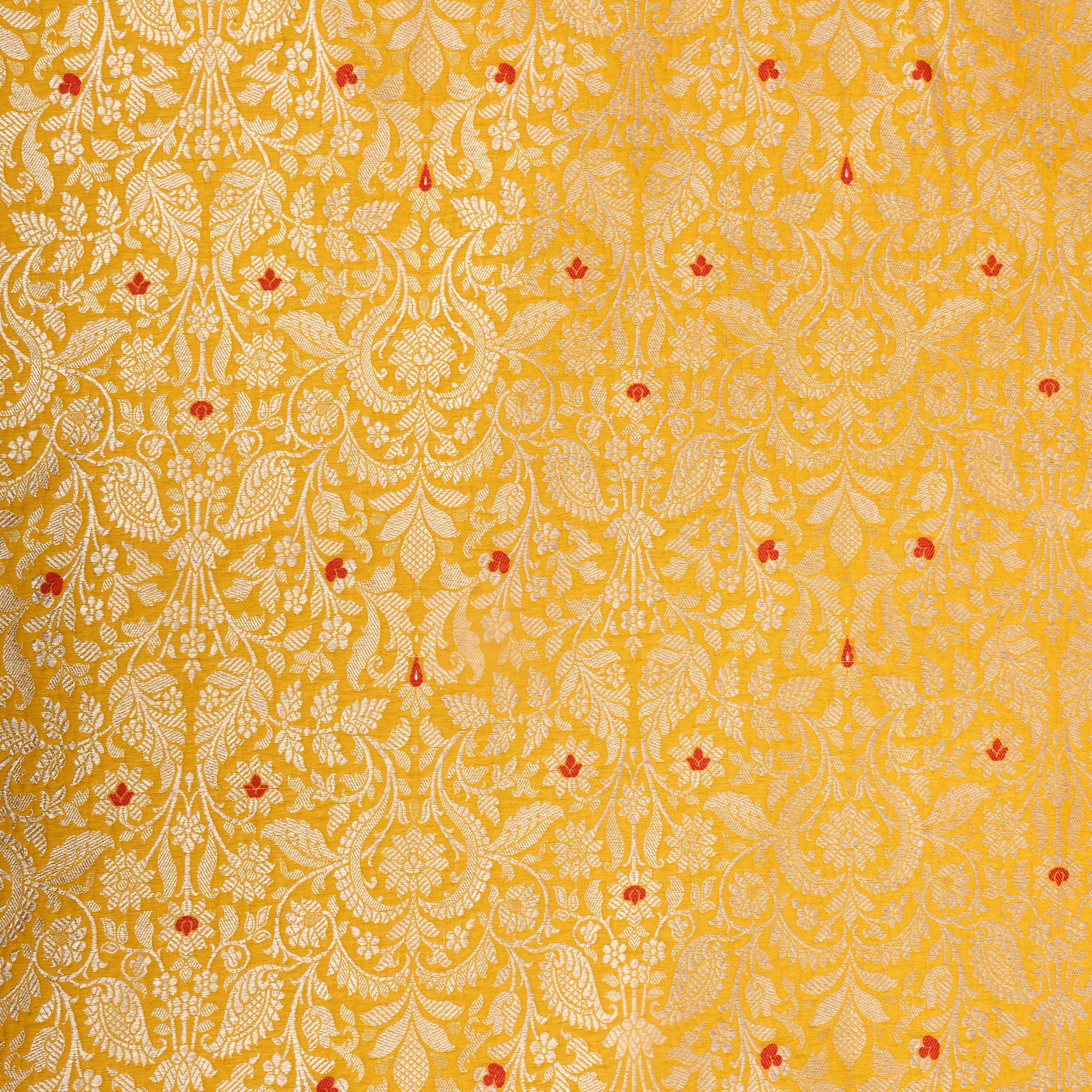 Turmeric Yellow Jamawar Silk Floral Zari Fabric