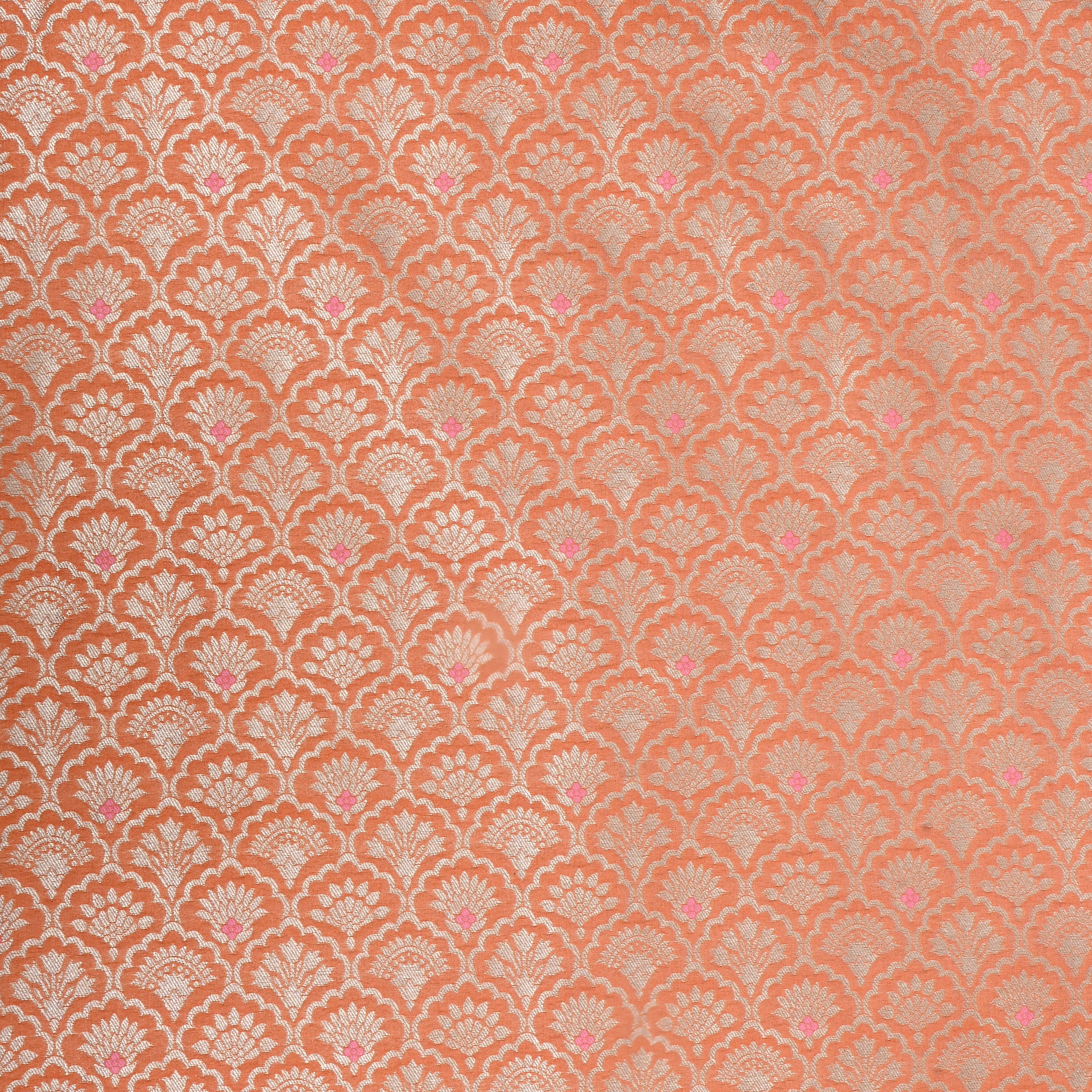 Soft Orange Jamawar Weave Floral Silk Fabric
