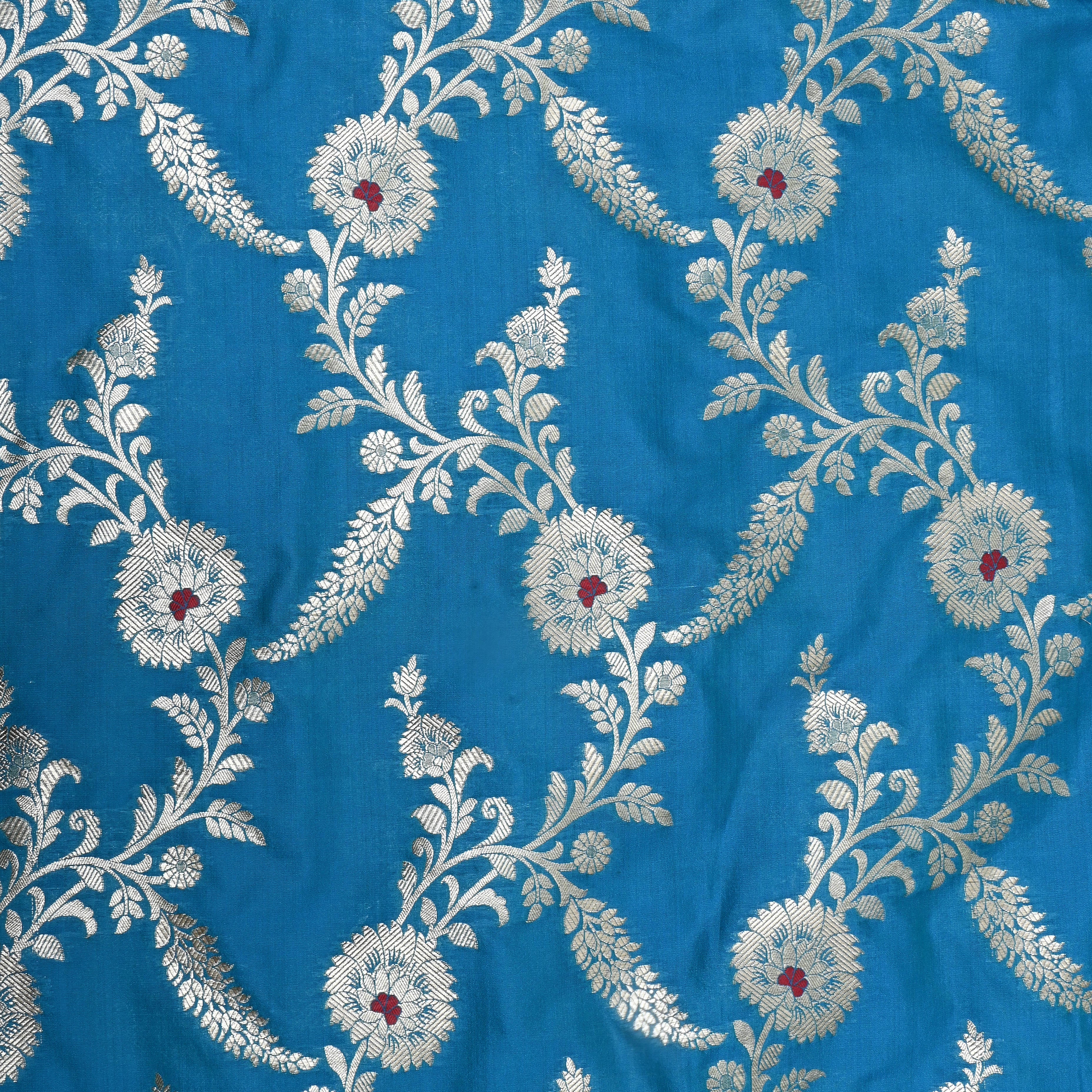 Azure Blue Floral Zari Woven Jamawar Silk Fabric