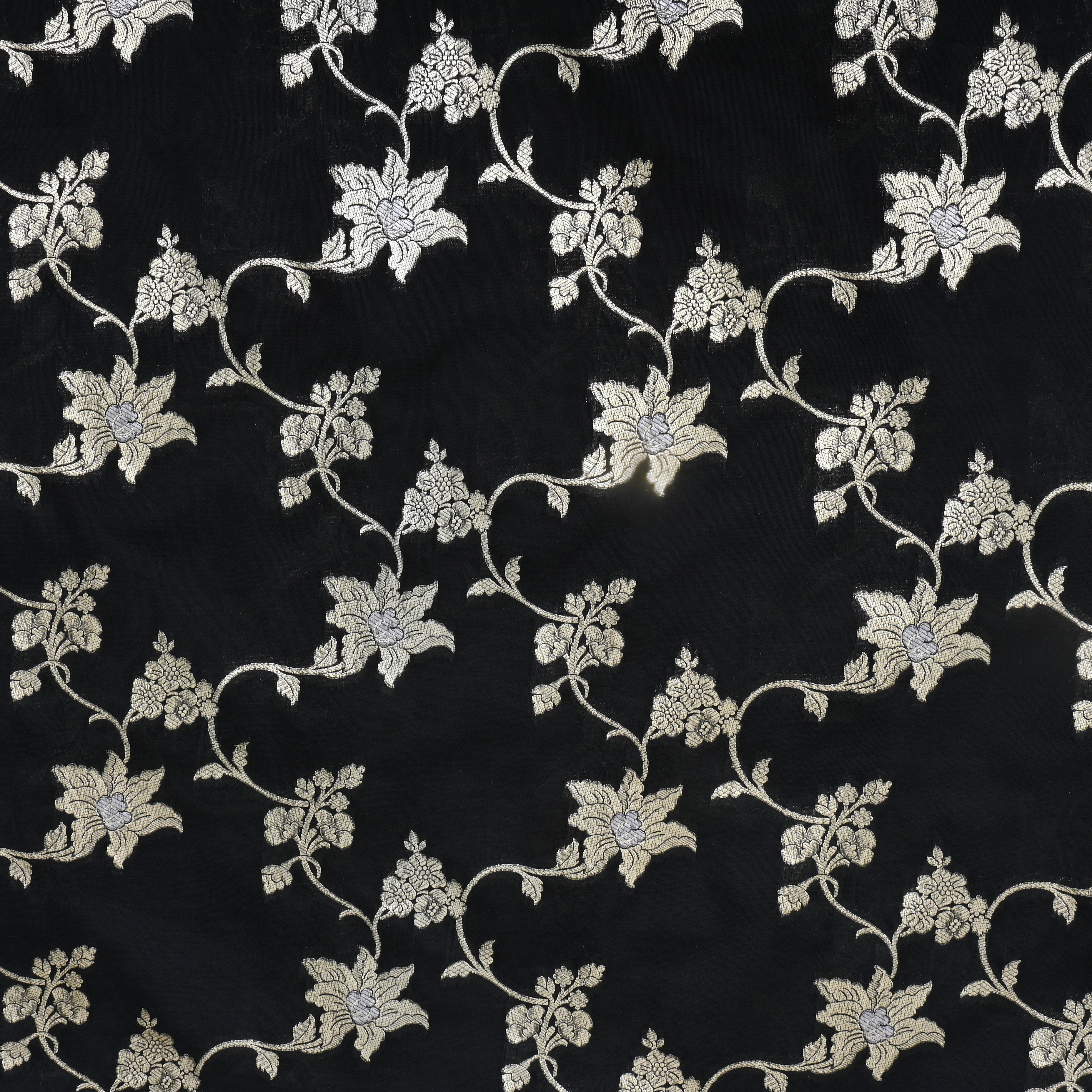 Soft Black Floral Zari Weave Jamawar Silk Fabric