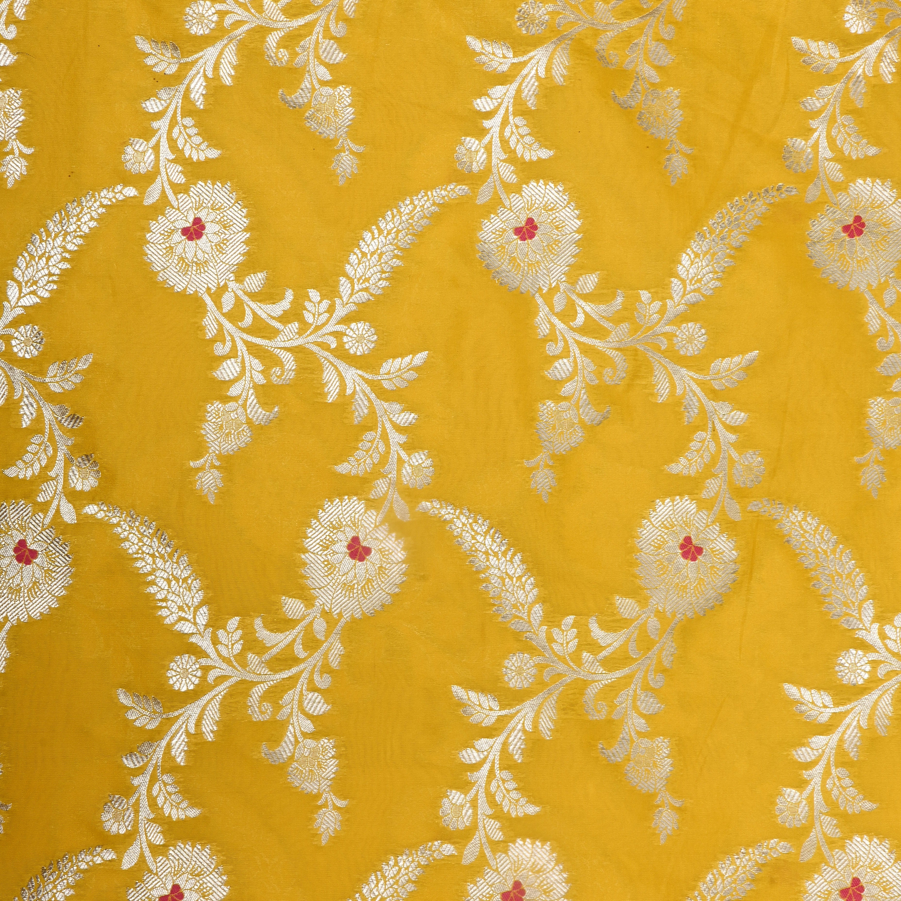 Yellow Floral Zari Woven Jamawar Silk Fabric