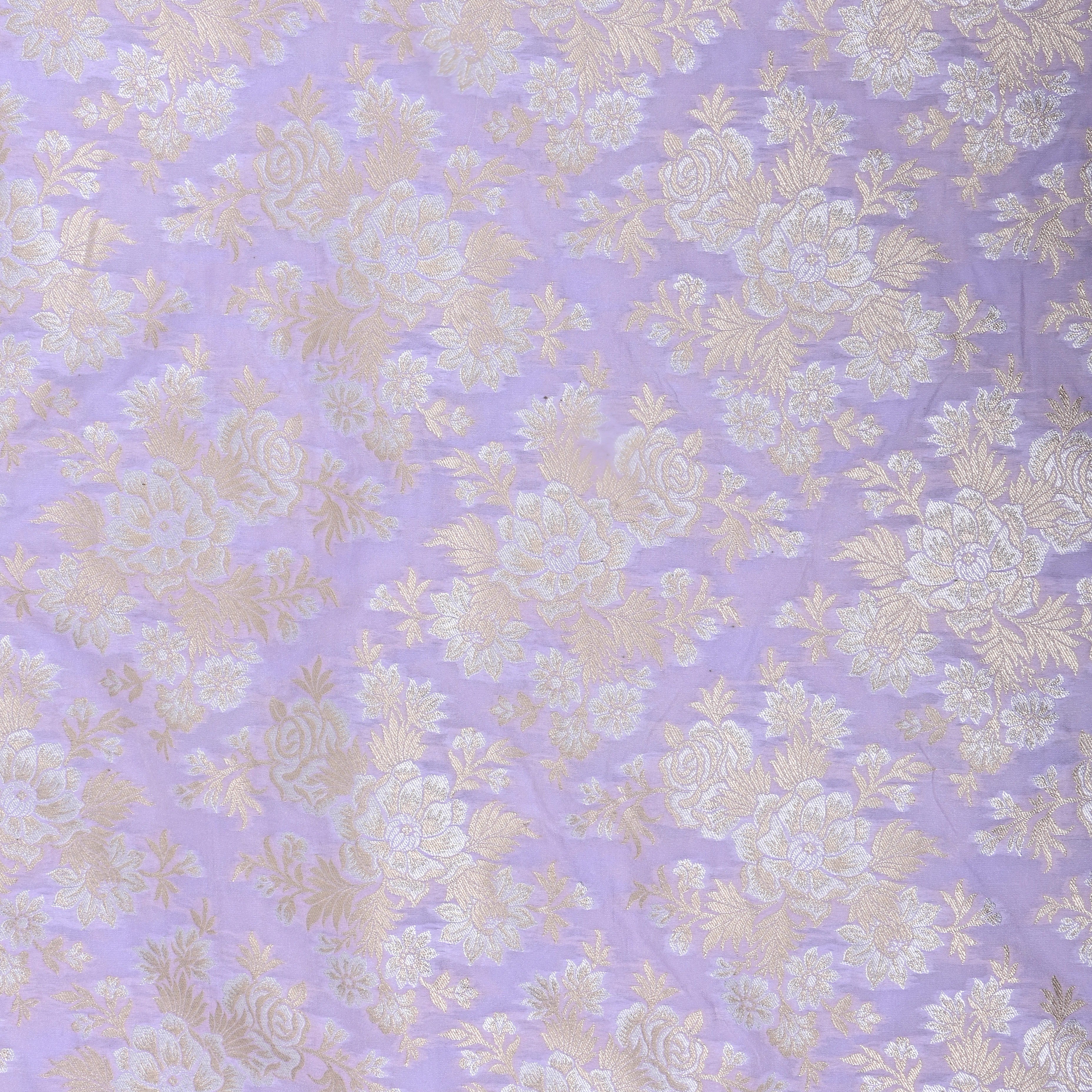 Soft Lilac Floral Zari Woven Jamawar Silk Fabric