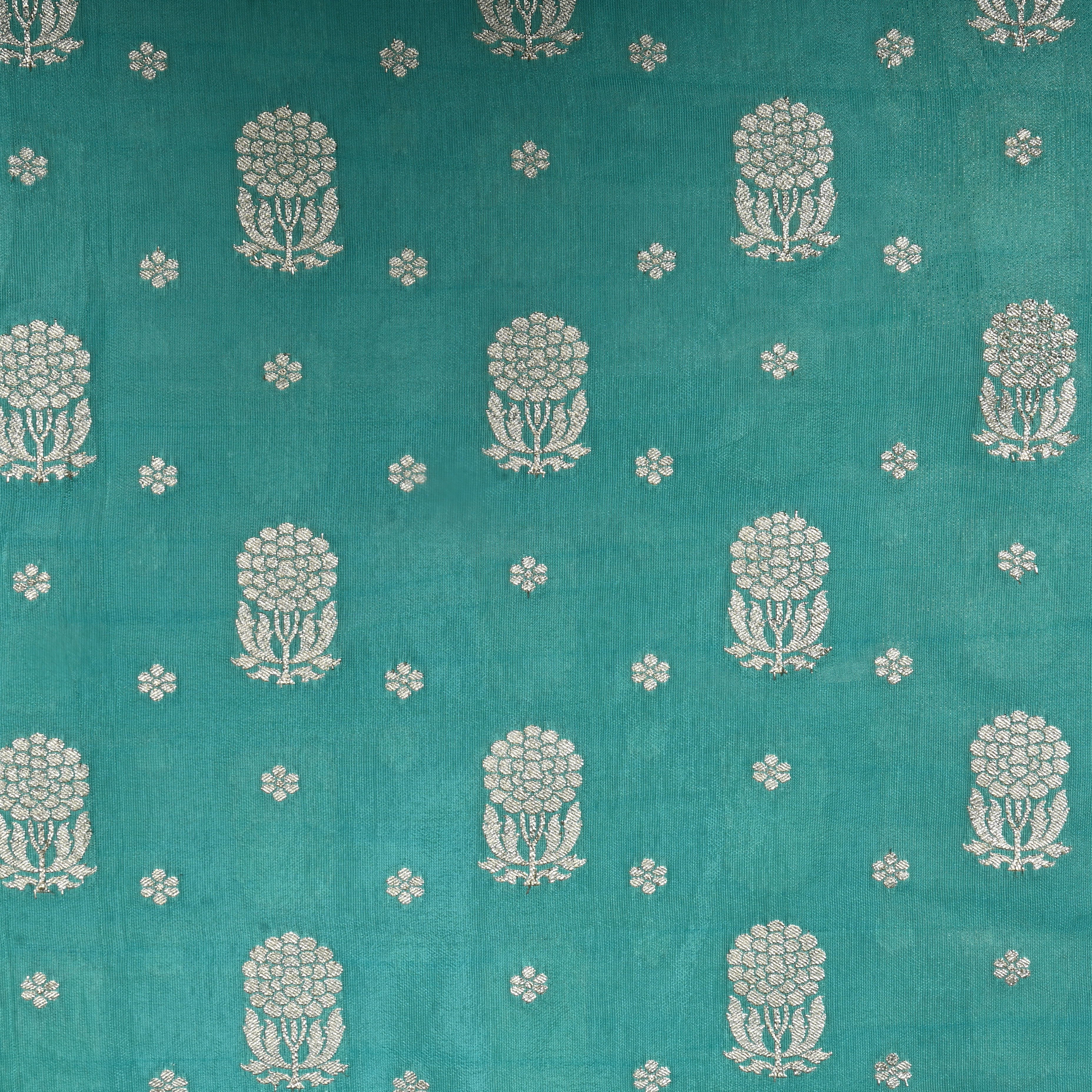 Turquoise Blue Floral Jamawar Tissue Fabric