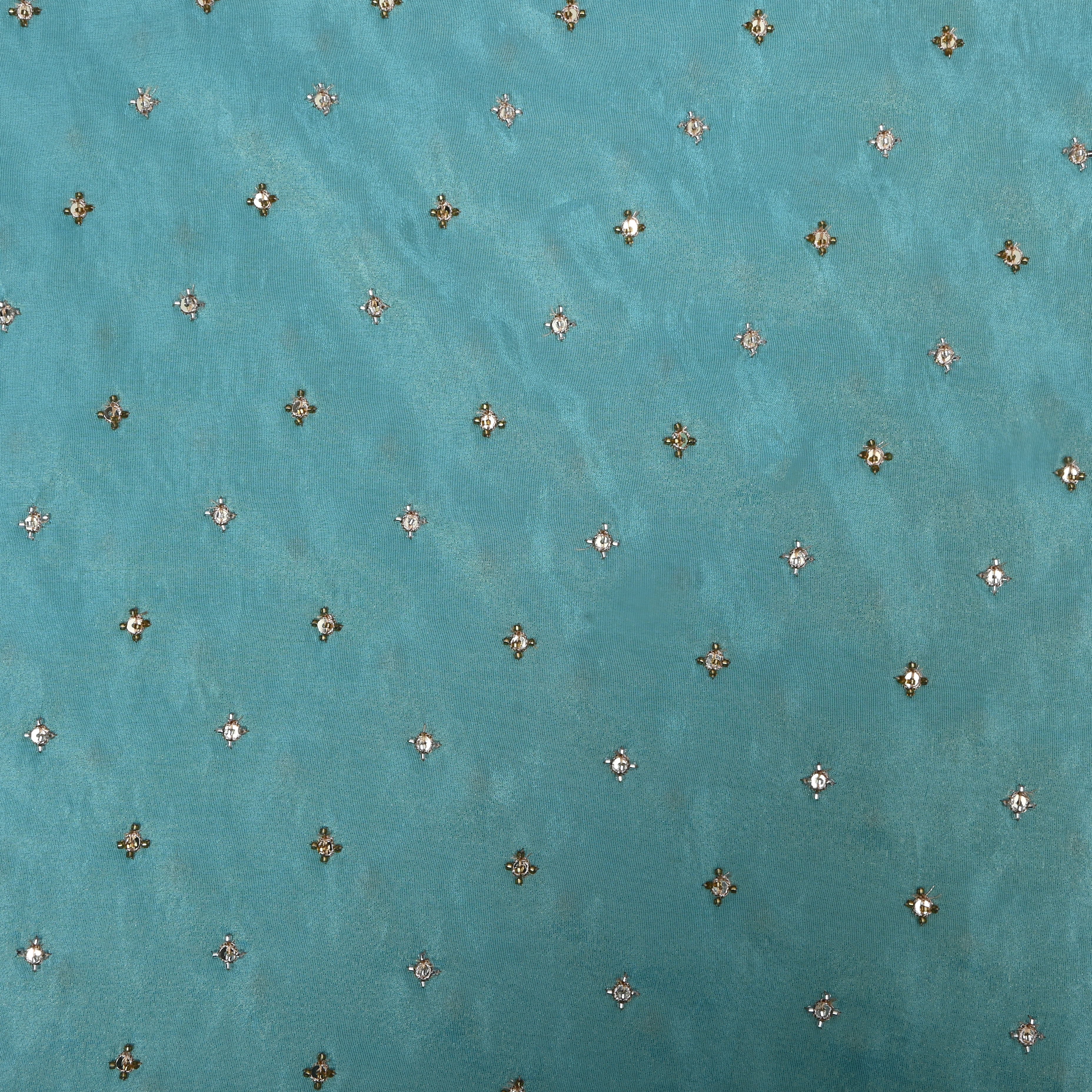 Turquoise Blue Bead Work Tissue Fabric