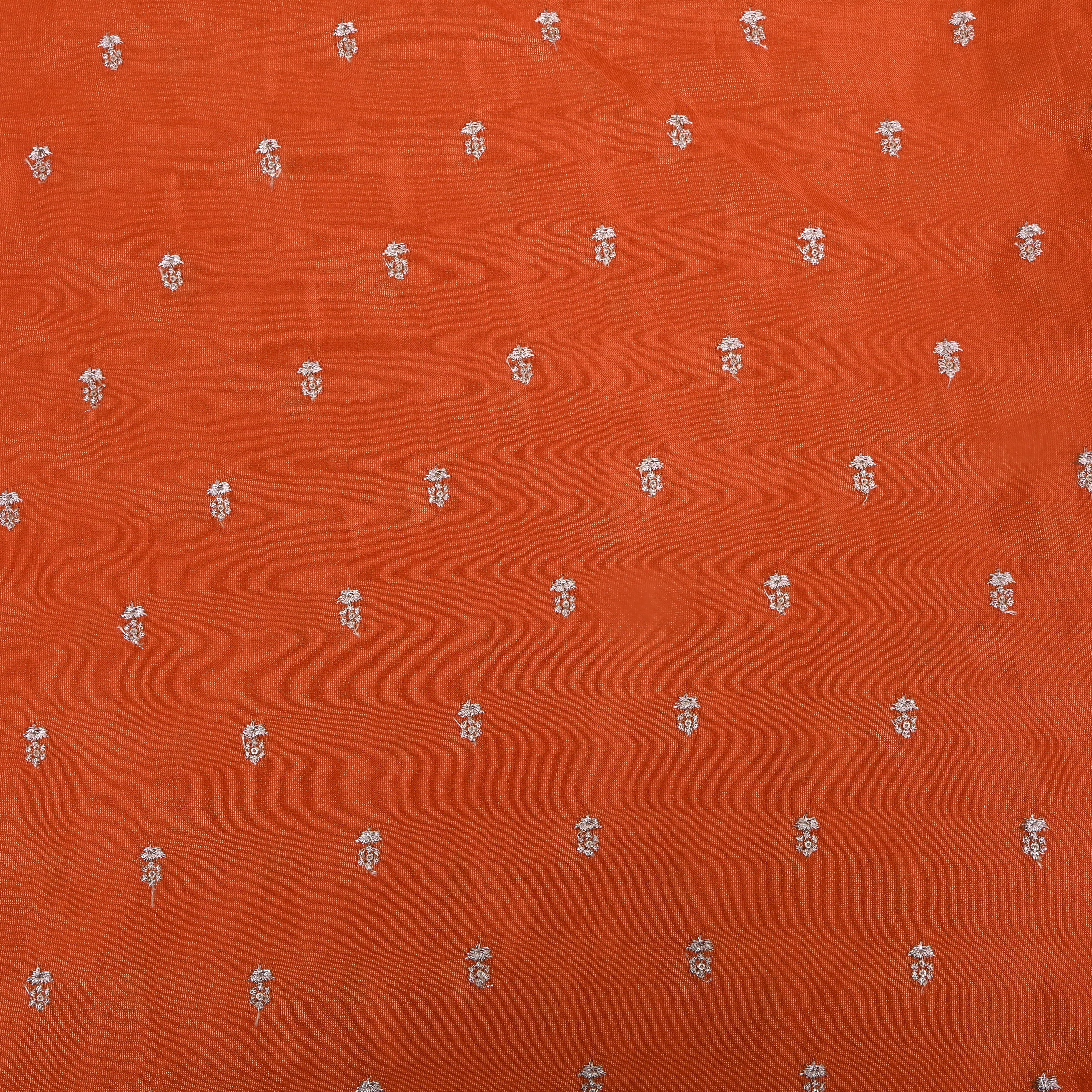 Bright Orange Floral Embroidered Tissue Fabric