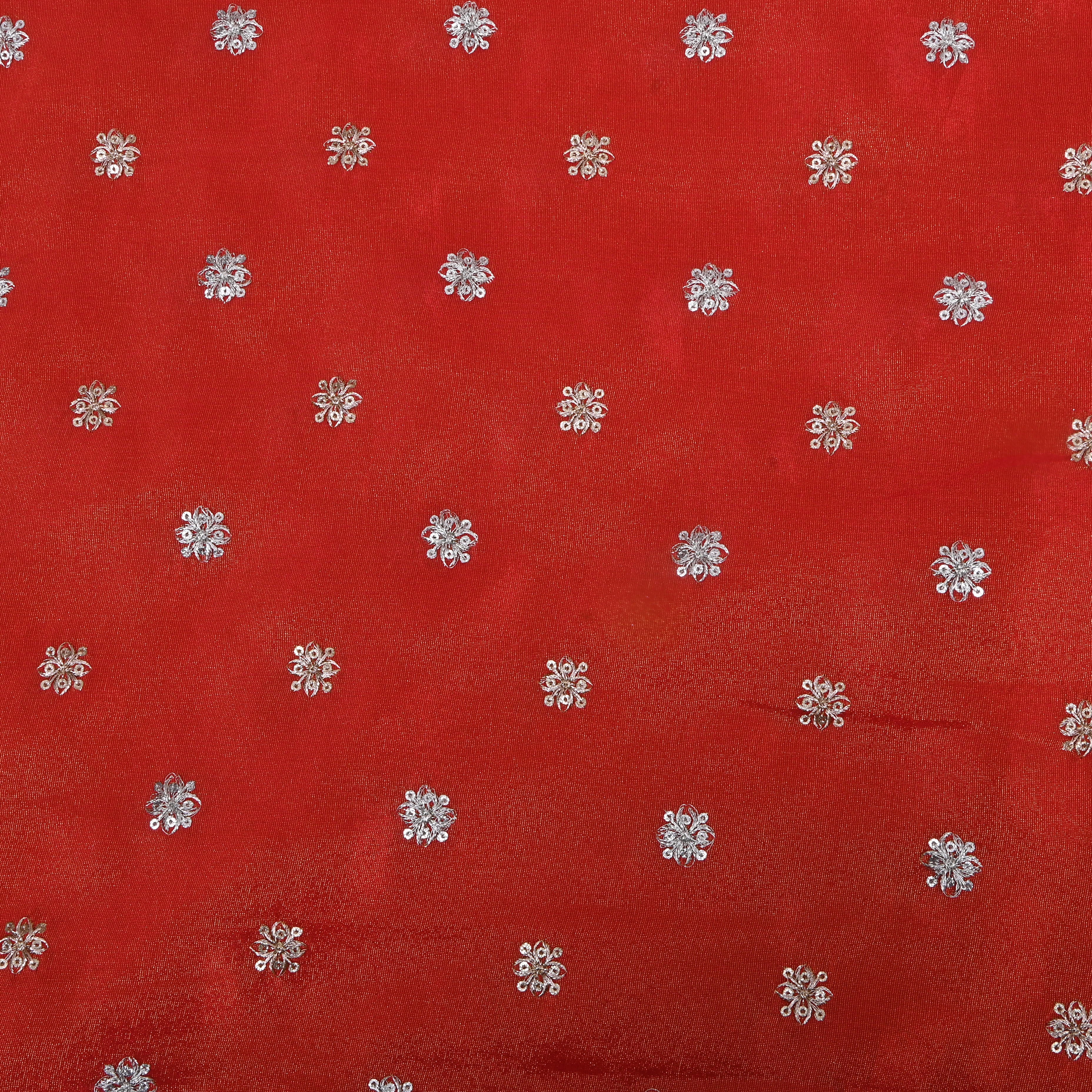 Bright Orange Zari Embroidered Tissue Fabric