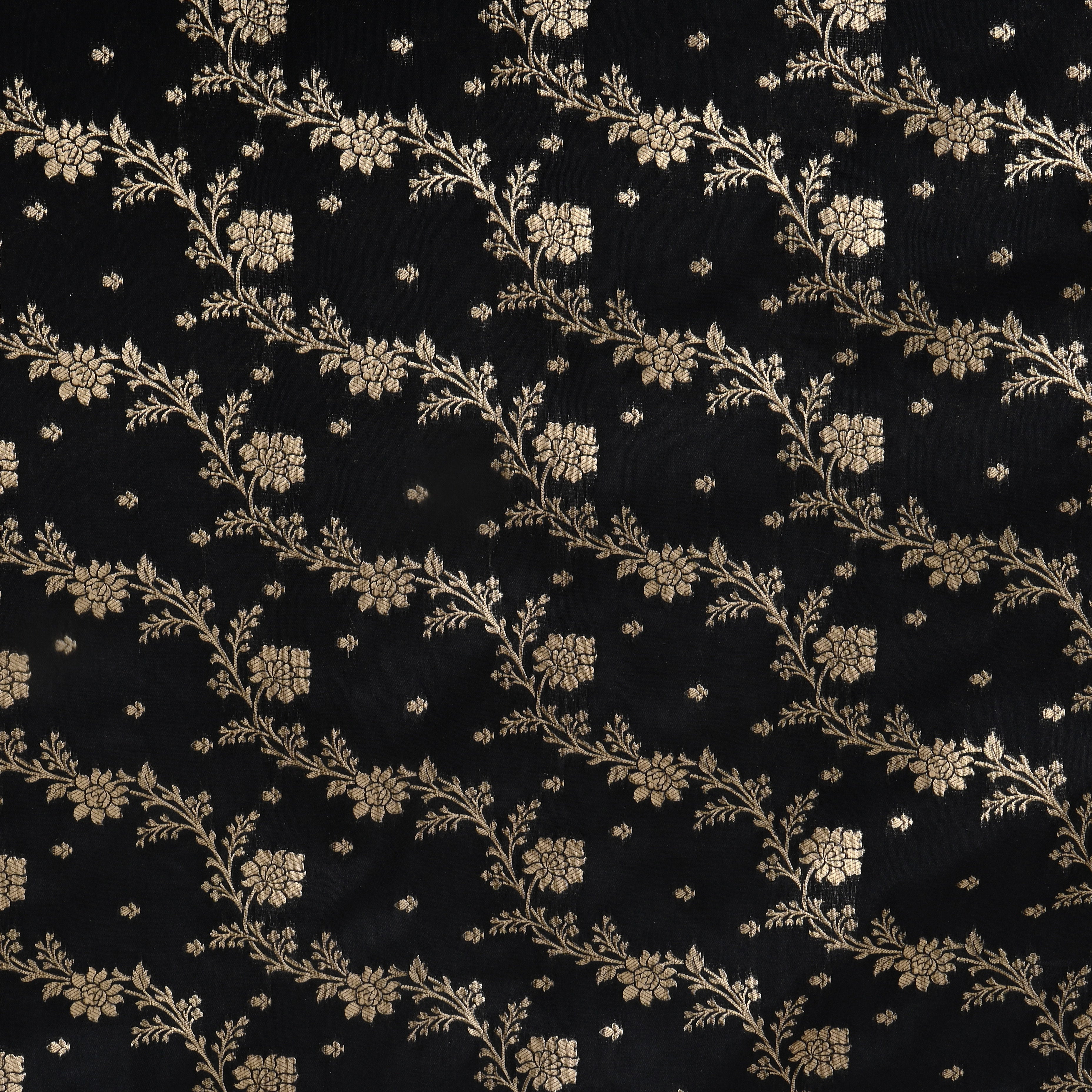 Solid Black Zari Jangla On Banarasi Silk Fabric