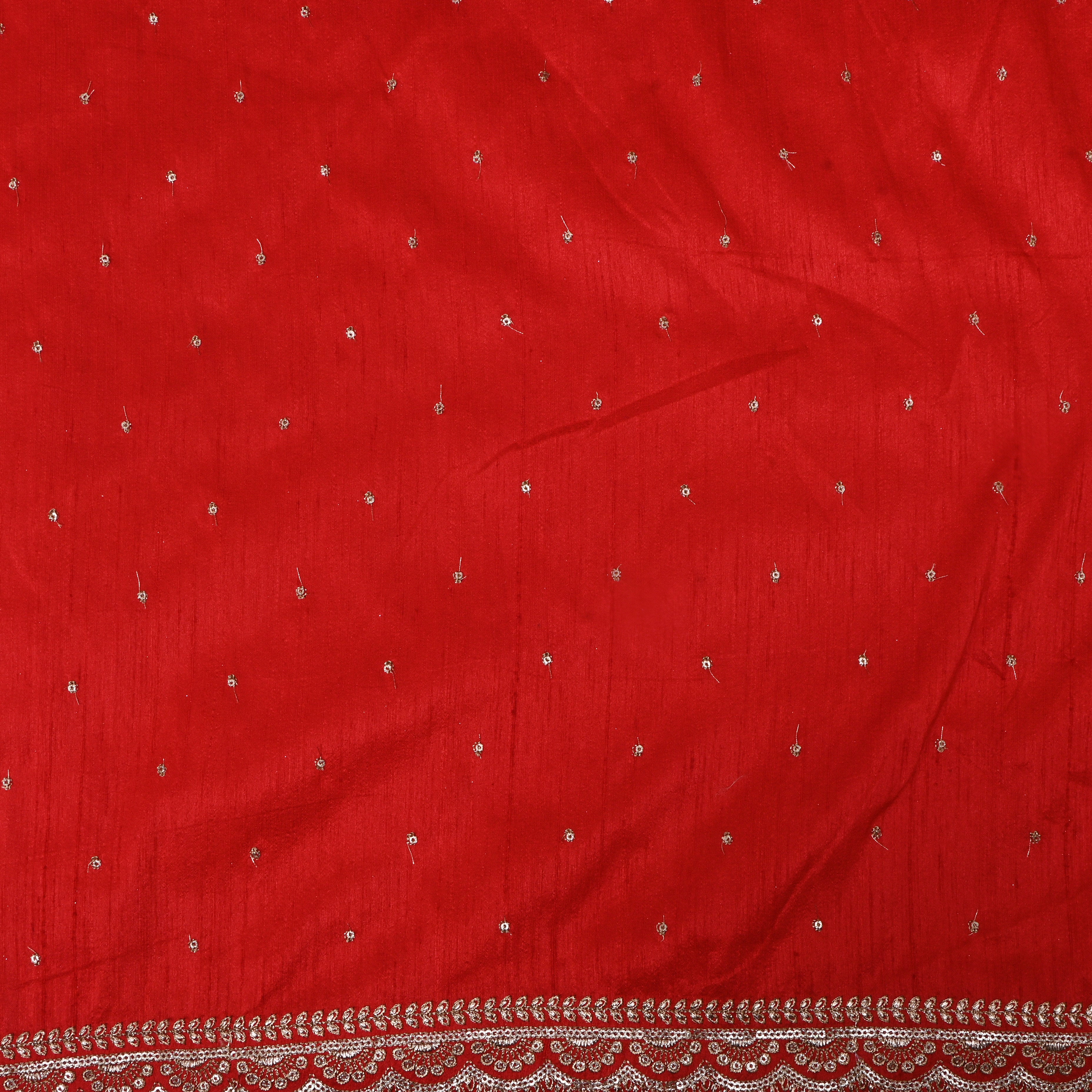Bright Red Zari Embroidered Dupion Silk Fabric