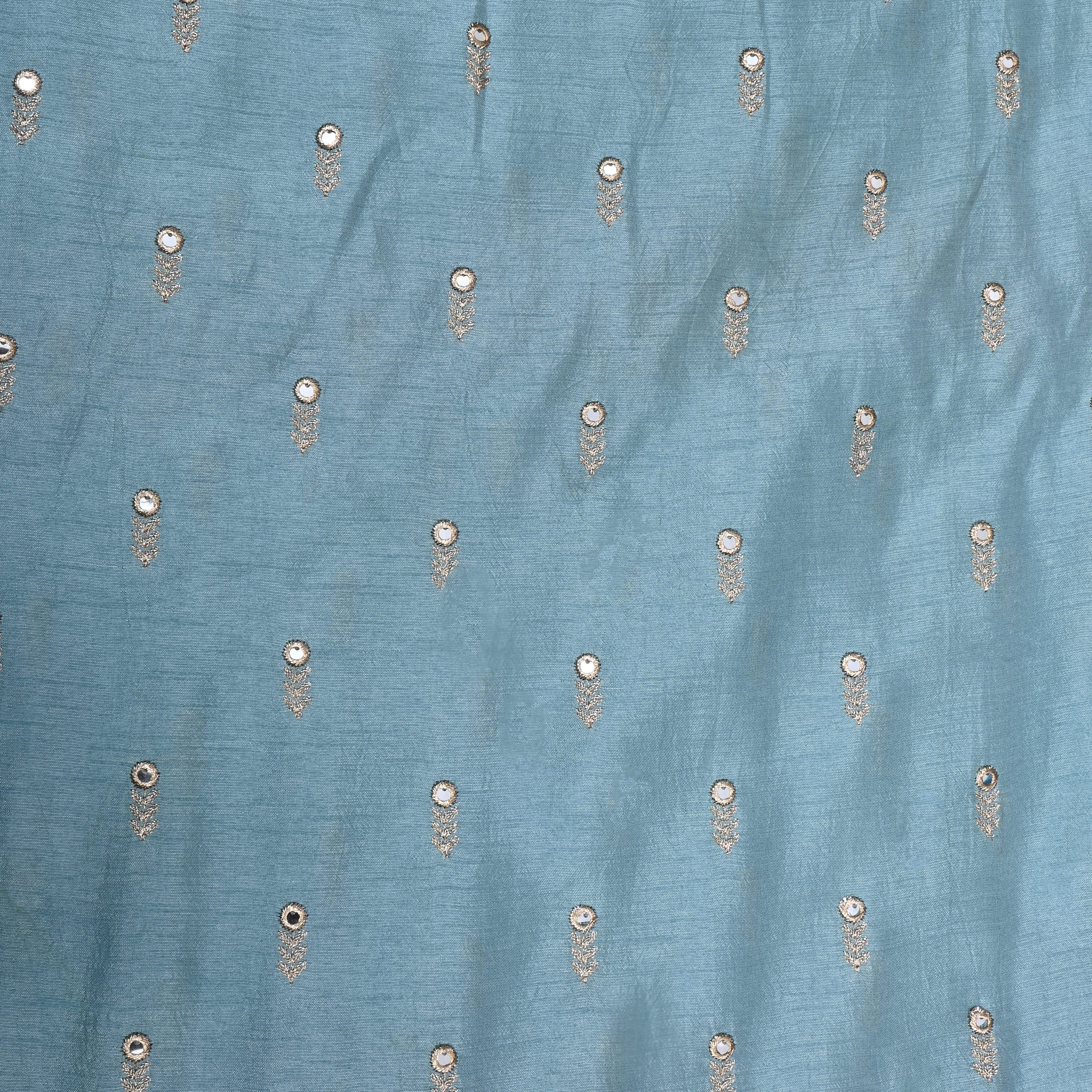 Slate Blue Floral Embroidered Silk Fabric