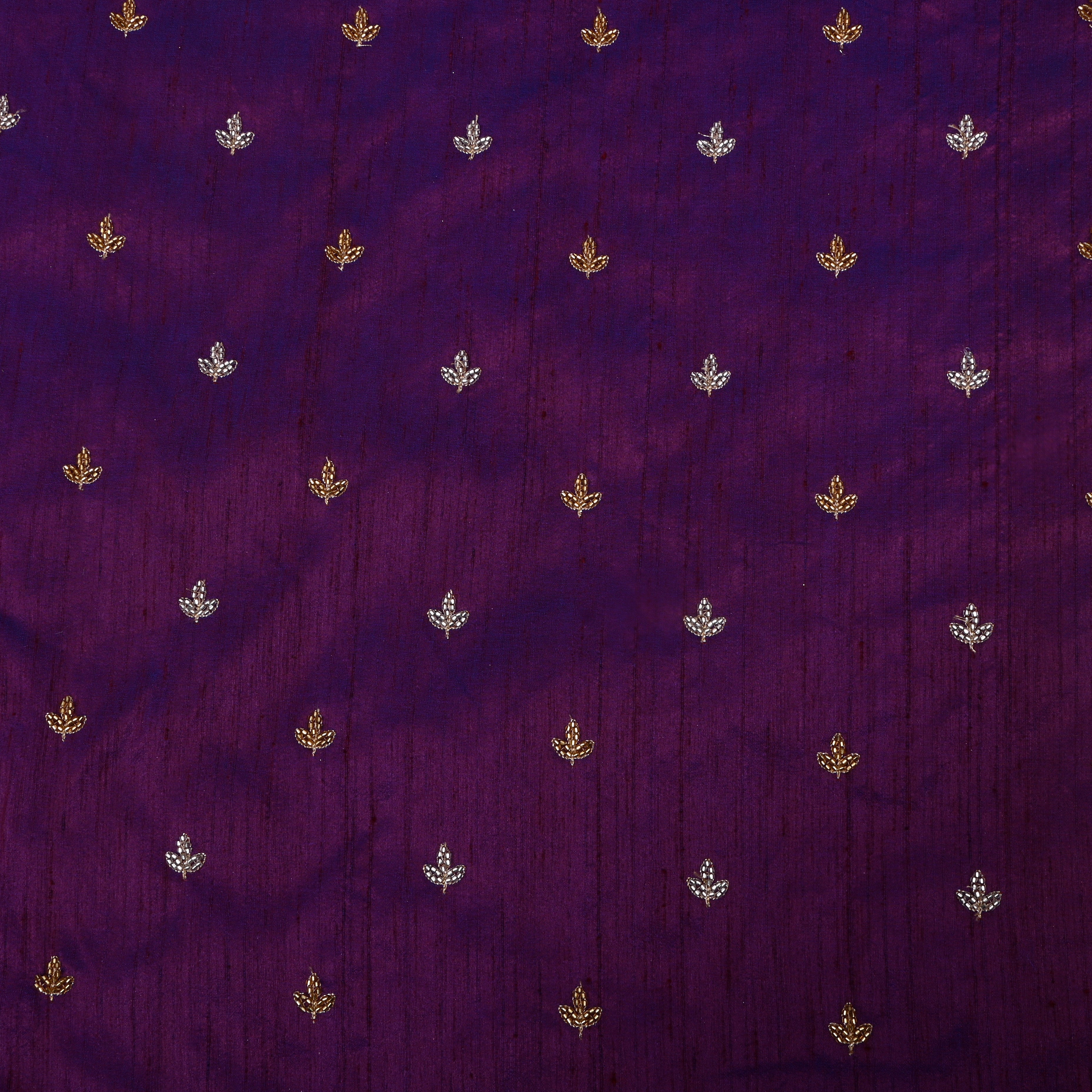 Plum Purple Floral Embroidered Dupion Silk Fabric