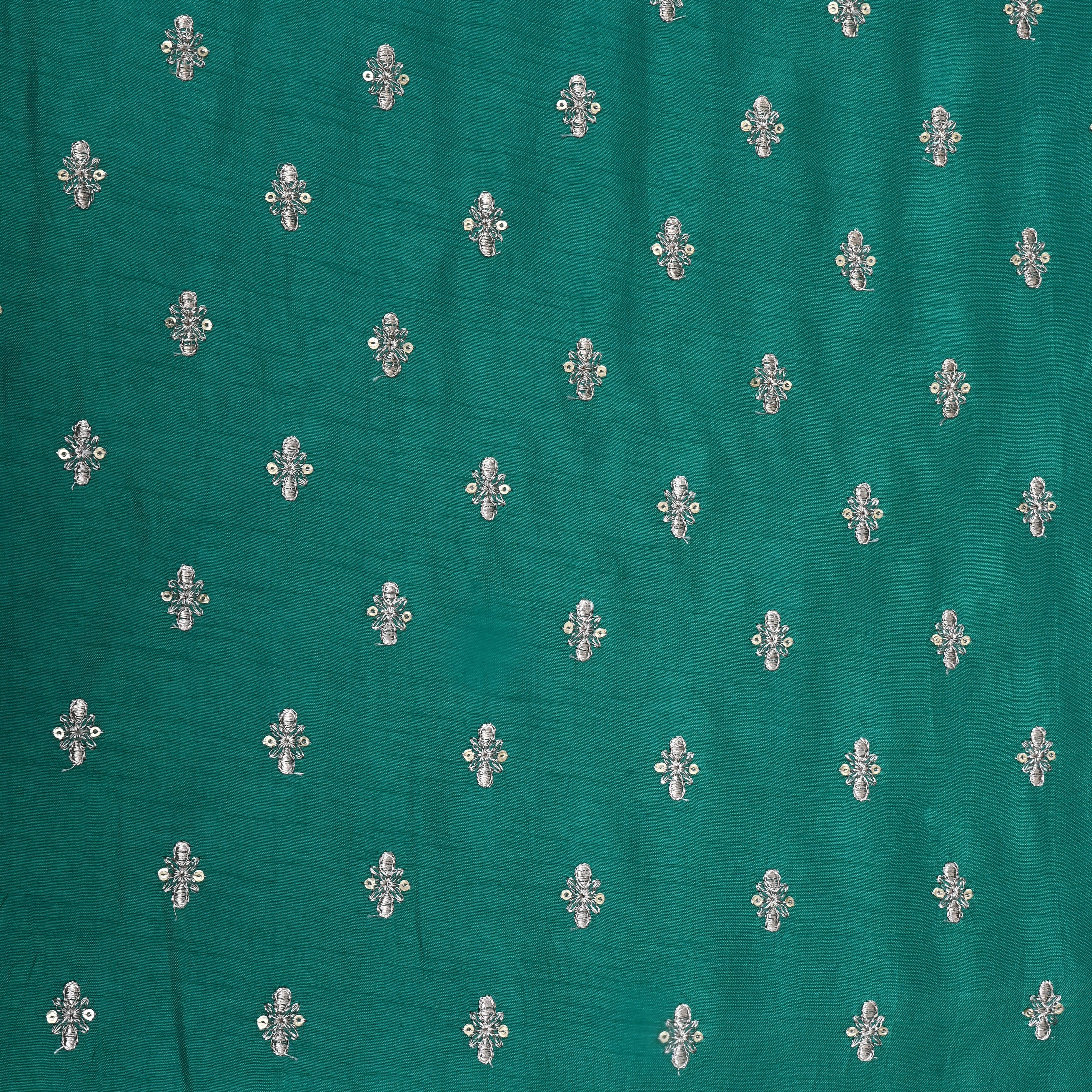 Teal Green Floral Zari Embroidered Silk Fabric