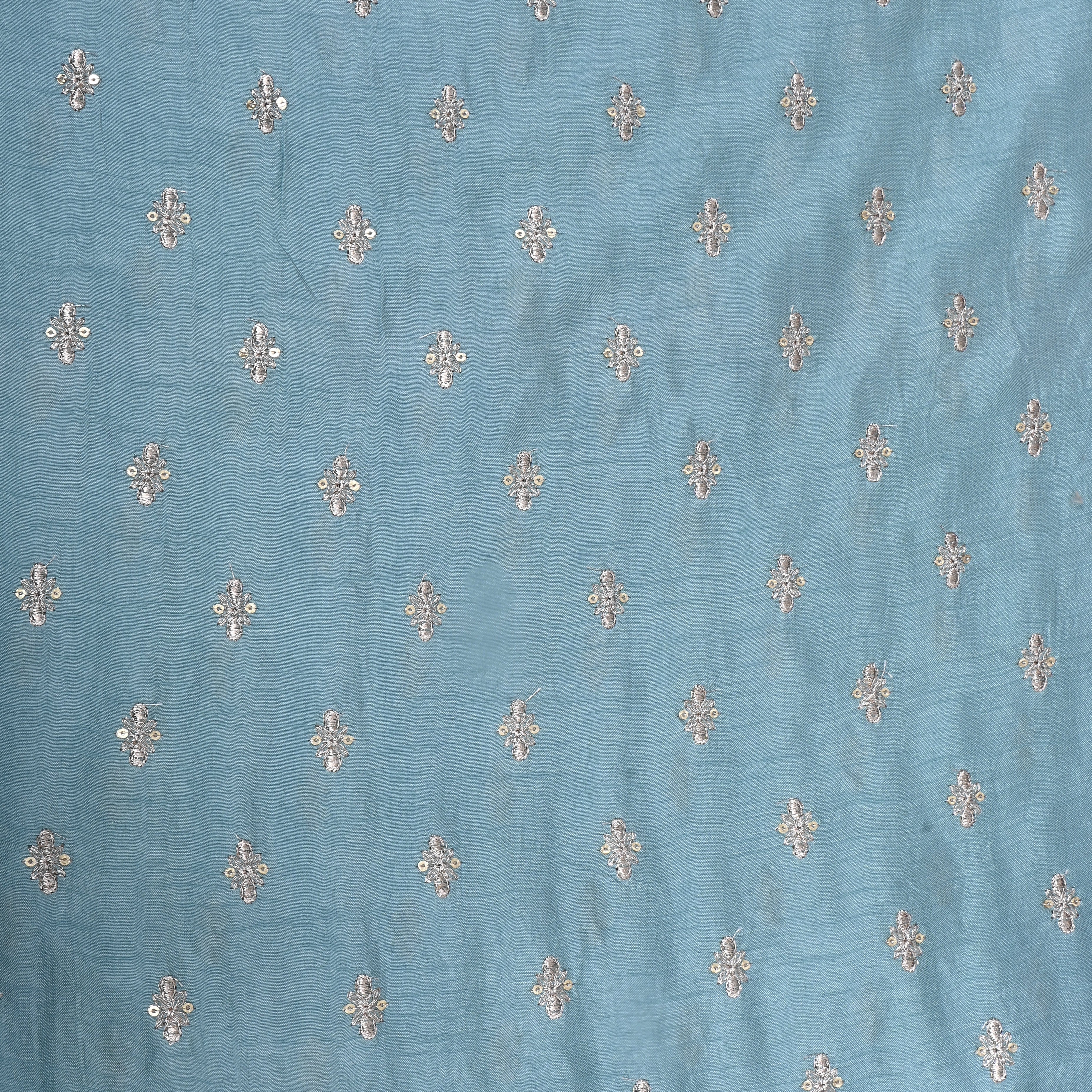 Slate Blue Floral Zari Embroidered Silk Fabric