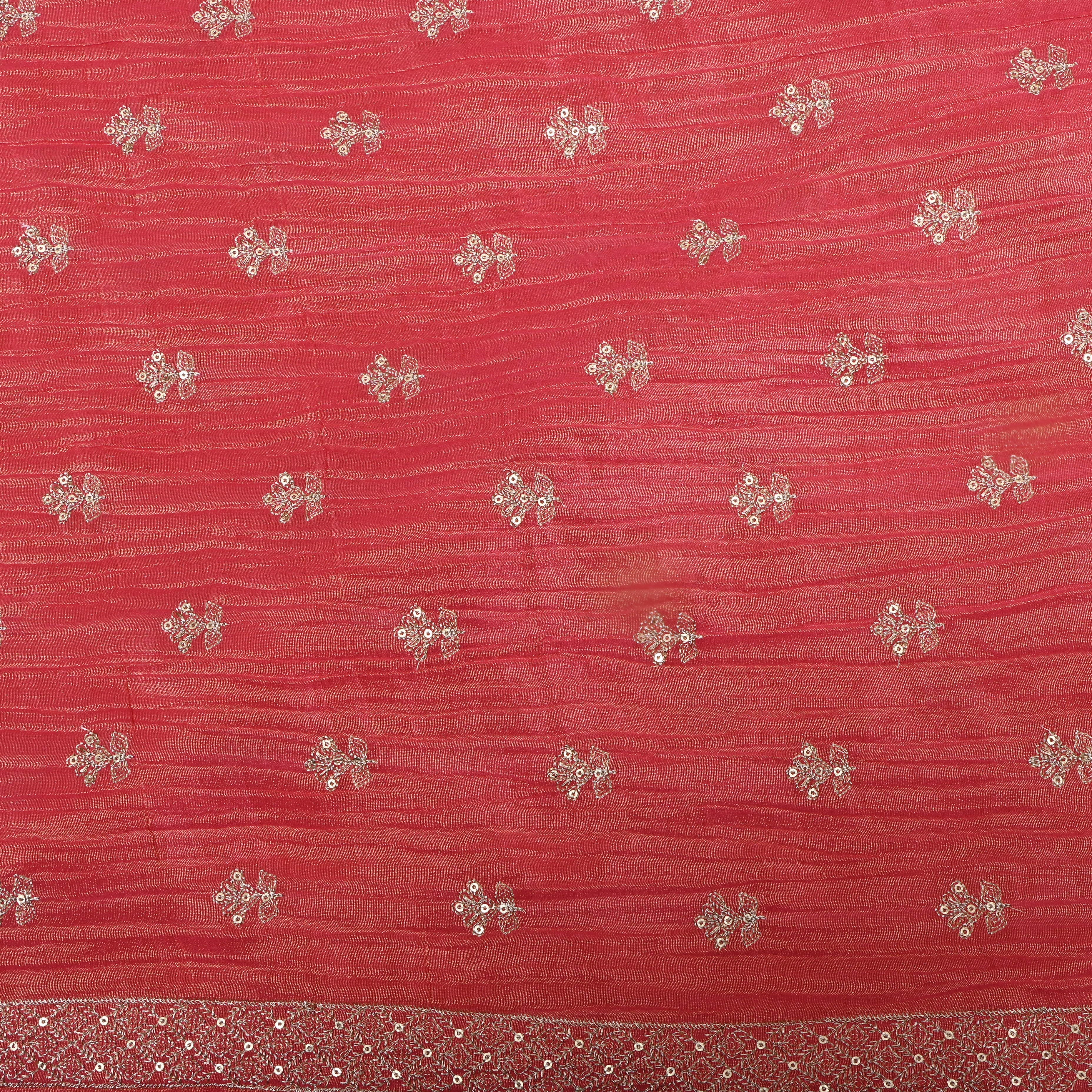 Crimson Pink Zari Embroidered Tissue Fabric