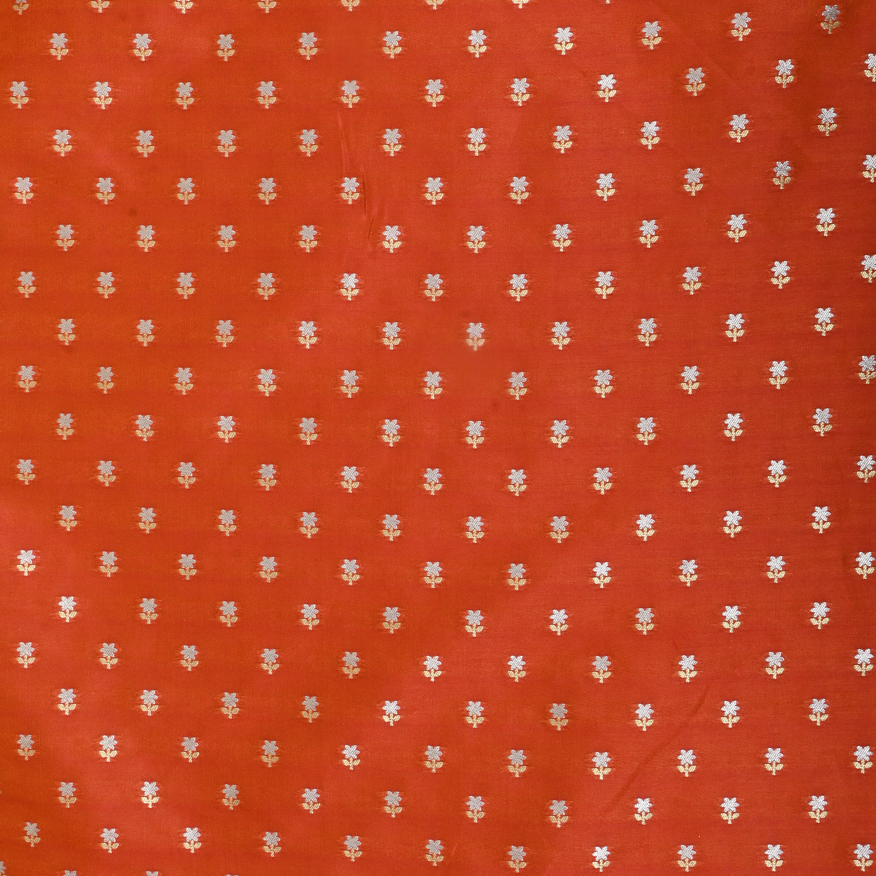 Bright Orange Floral Jamawar Silk Fabric