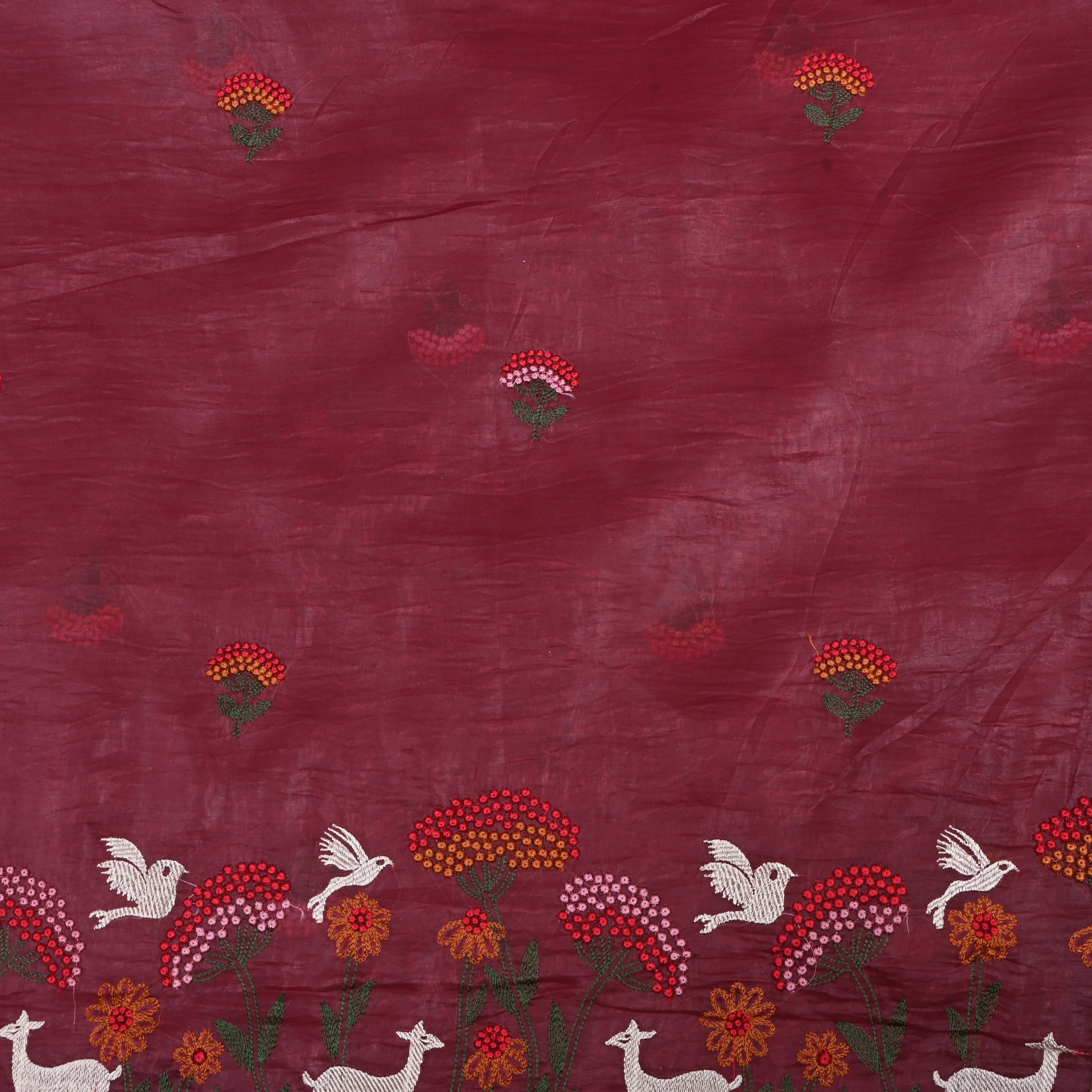 Plum Purple Floral Embroidered Tissue Fabric