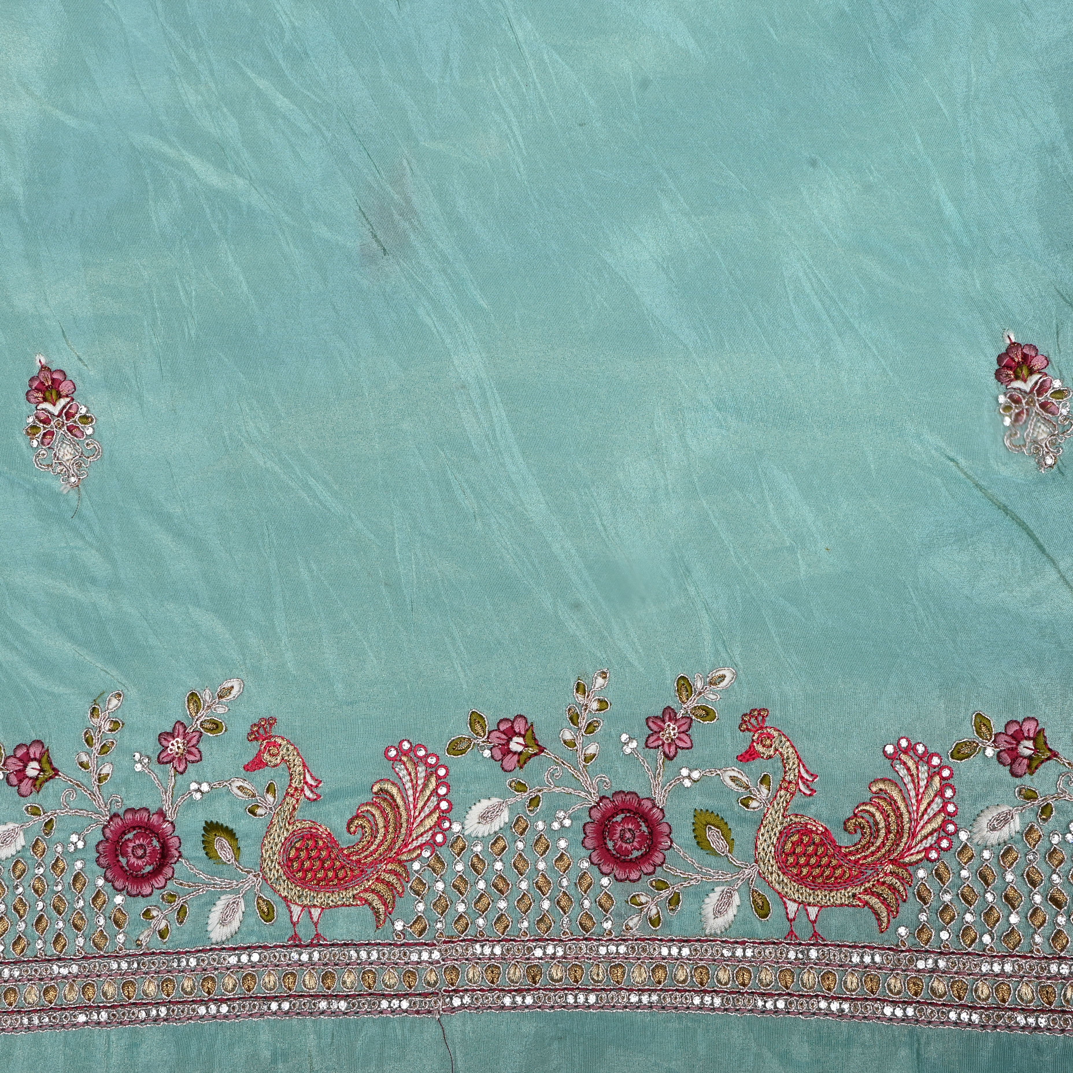 Teal Green Floral Embroidered Tissue Fabric