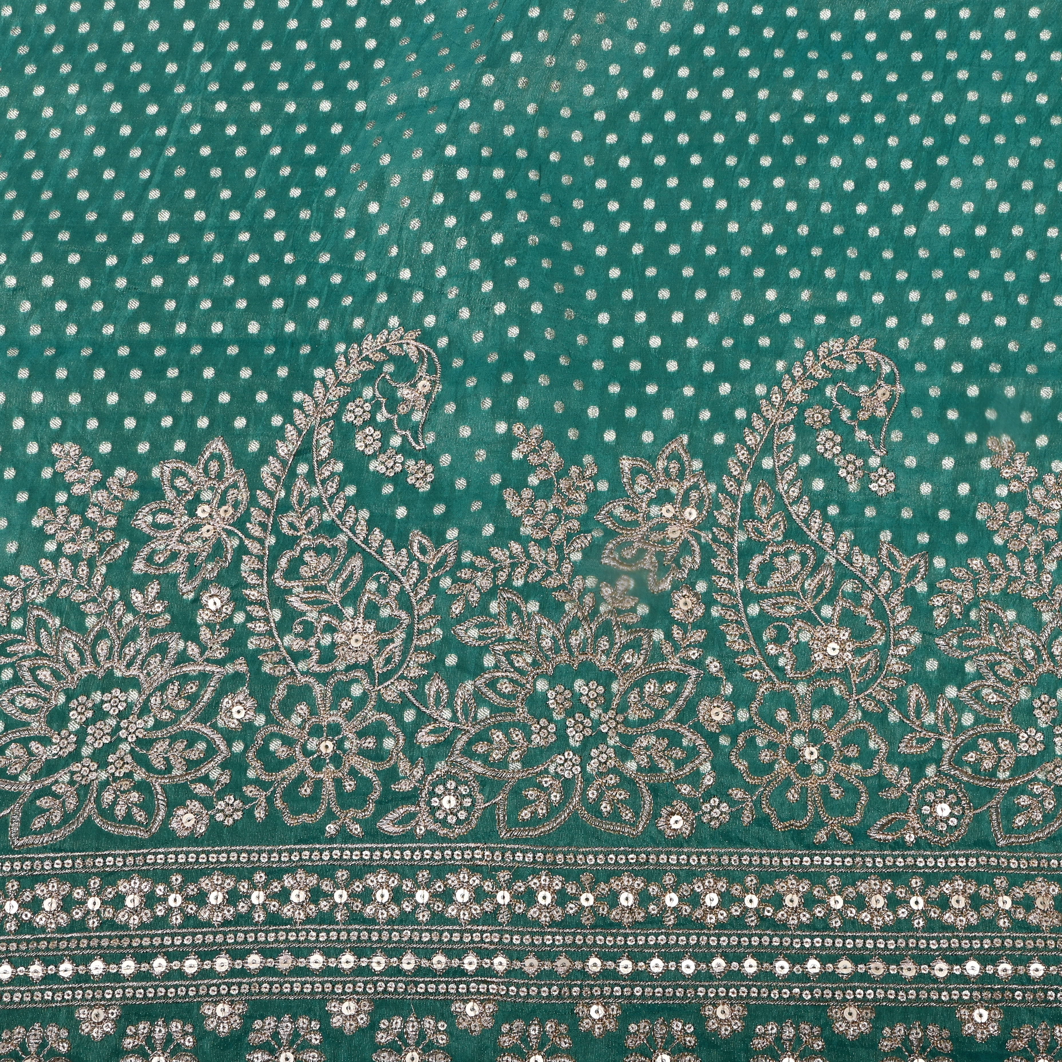 Teal Blue Embroidered Tissue Fabric