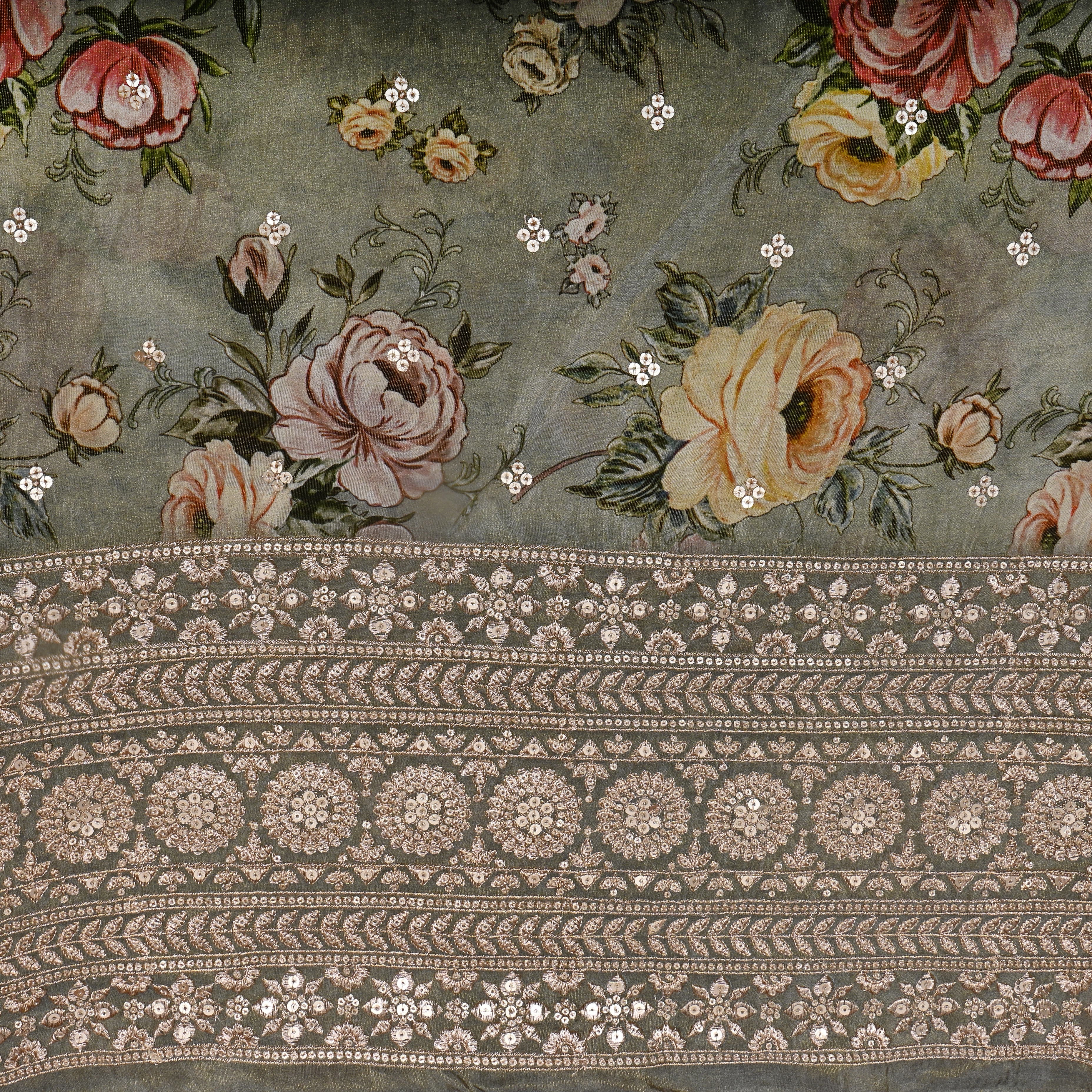 Dark Gray Floral Printed Tissue Fabric