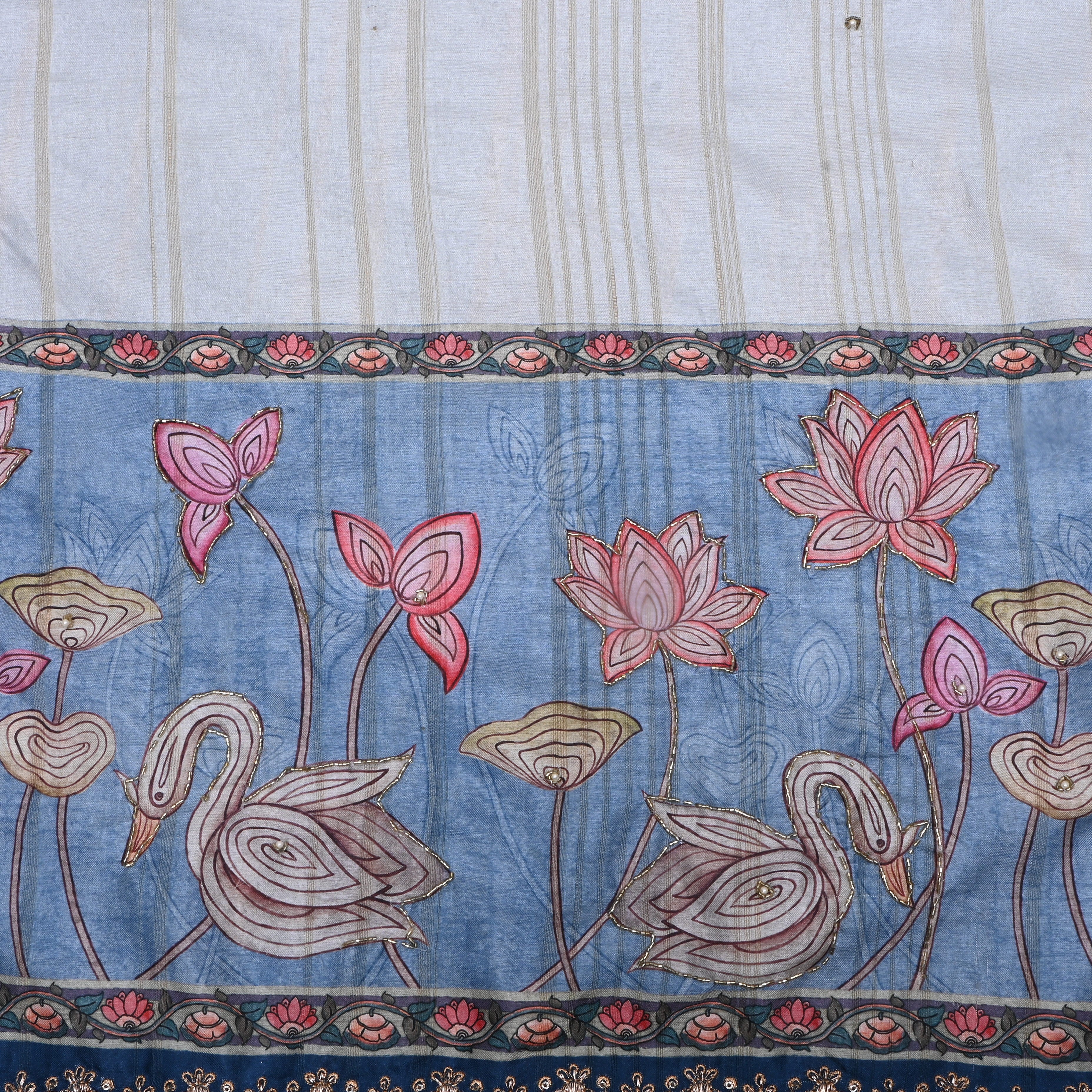 Steel Blue Paithani Printed Dupion Silk Fabric