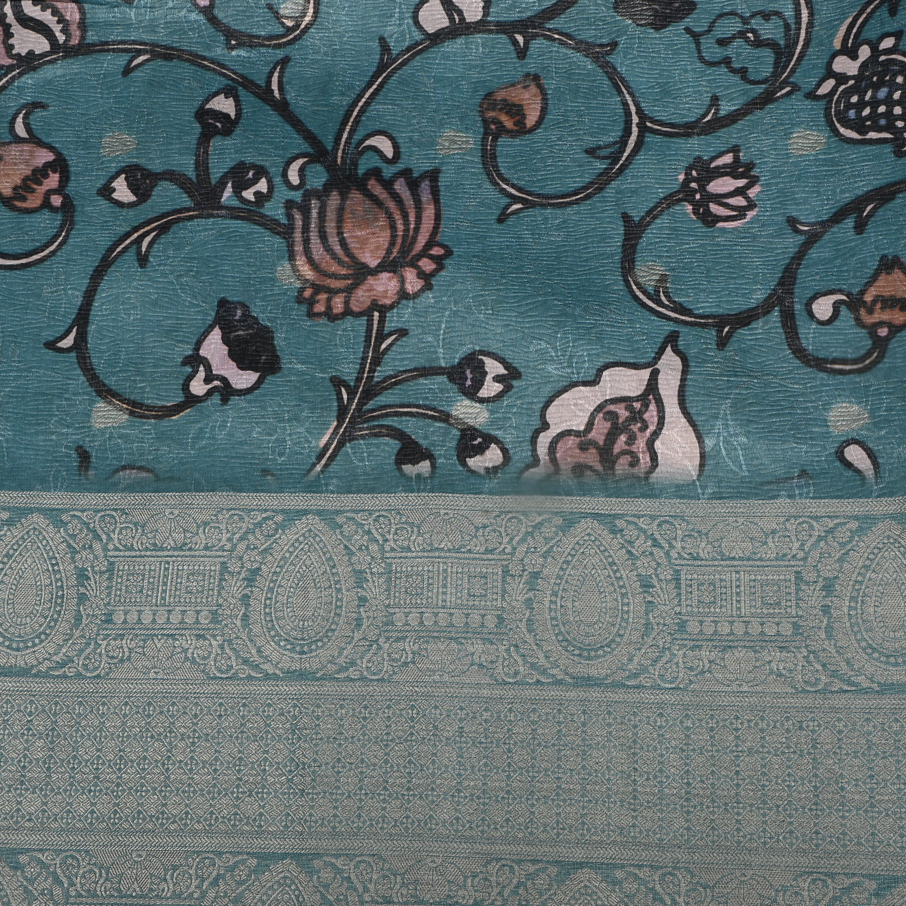 Blue Turquoise Floral Printed Tissue Fabric