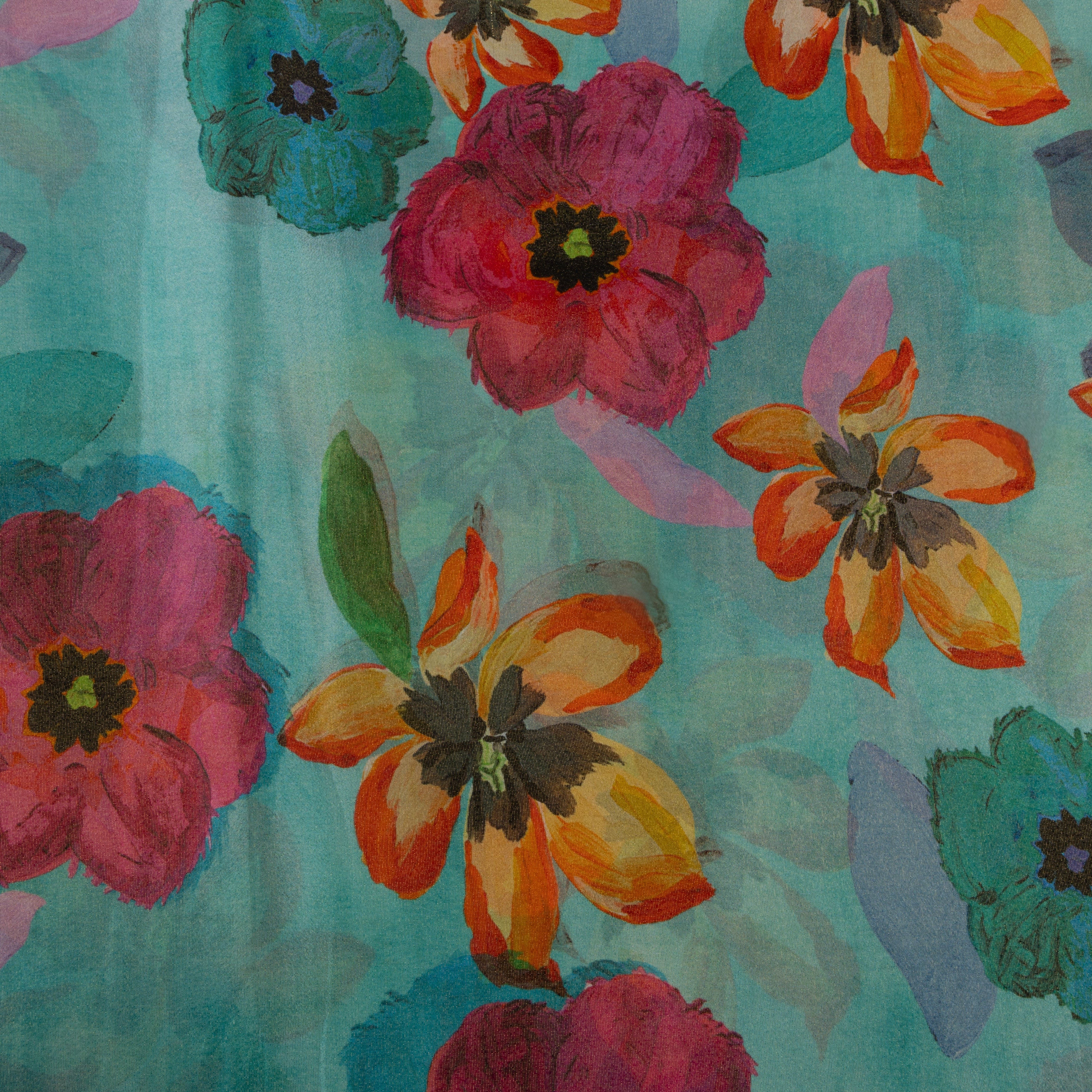 Turquoise Blue Digital Printed Floral Tissue Fabric