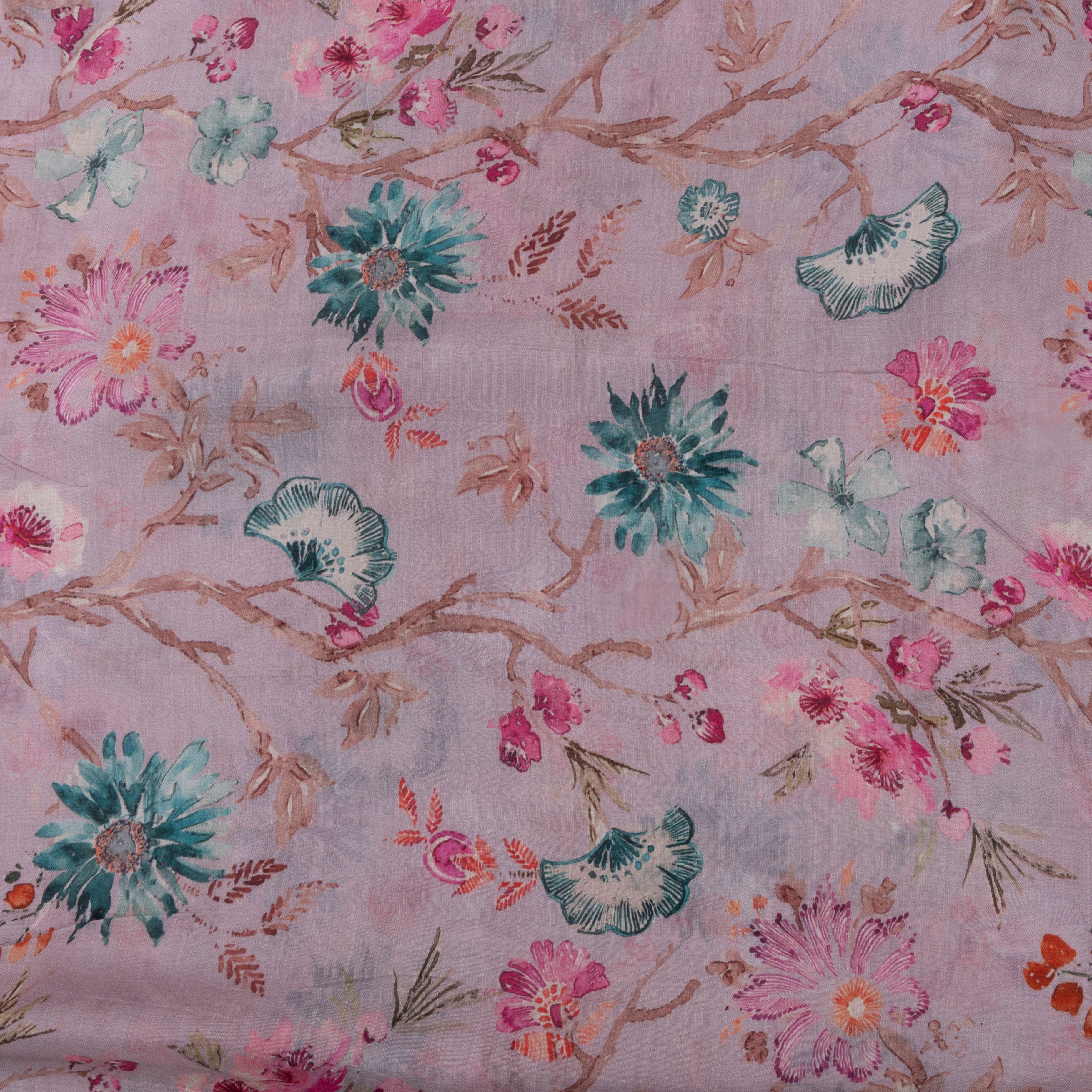 Soft Lilac Floral Printed Silk Fabric