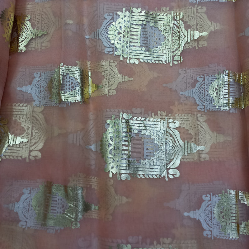 Peach Foil Printed Organza Fabric