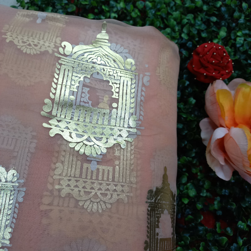 Peach Foil Printed Organza Fabric