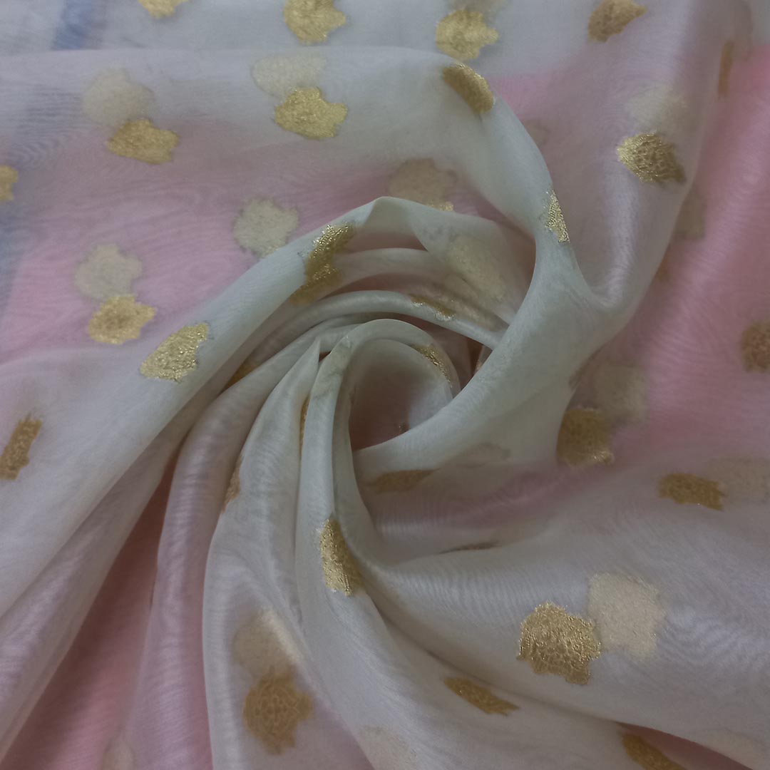 Pastel Pink Color Silk Fabric With Floral Buttas