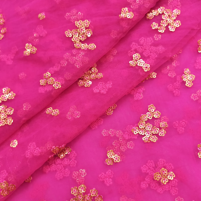 Hot Pink Color Net Fabric With Embroidered Sequins Floral Buttas -1.6-Mtr