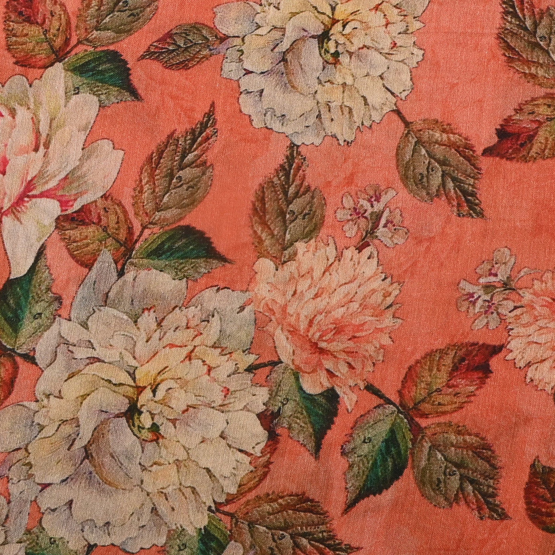 Coral Orange Silk Fabric With Floral Prints