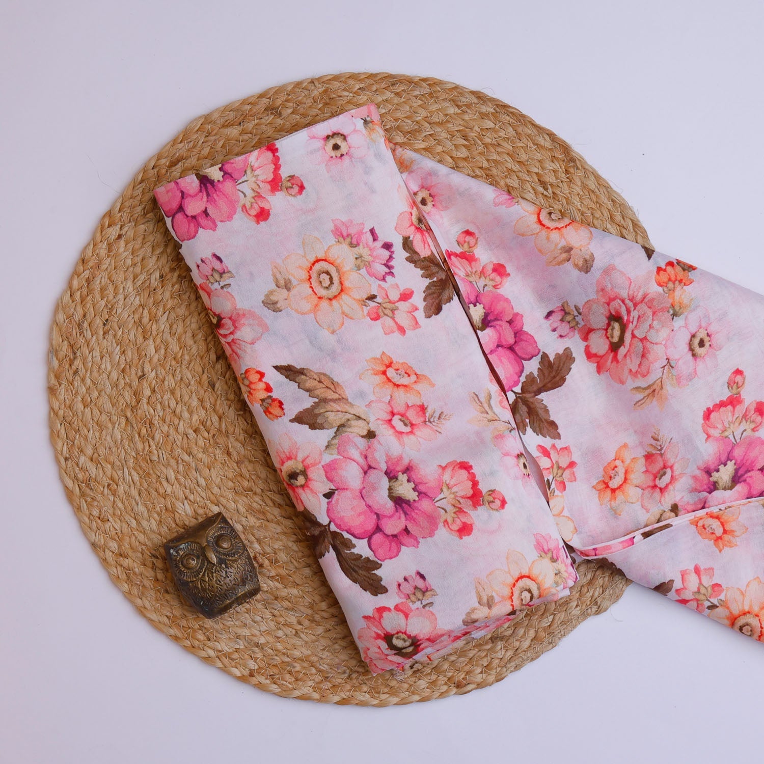 Blush Pink Printed Chanderi Fabric With Floral Pattern