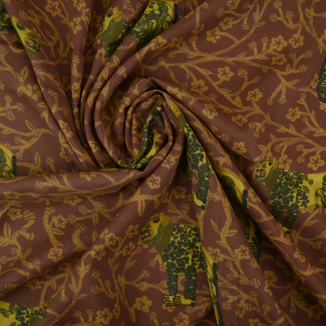 Deep Brown Printed Shikaarbagh Chanderi Fabric