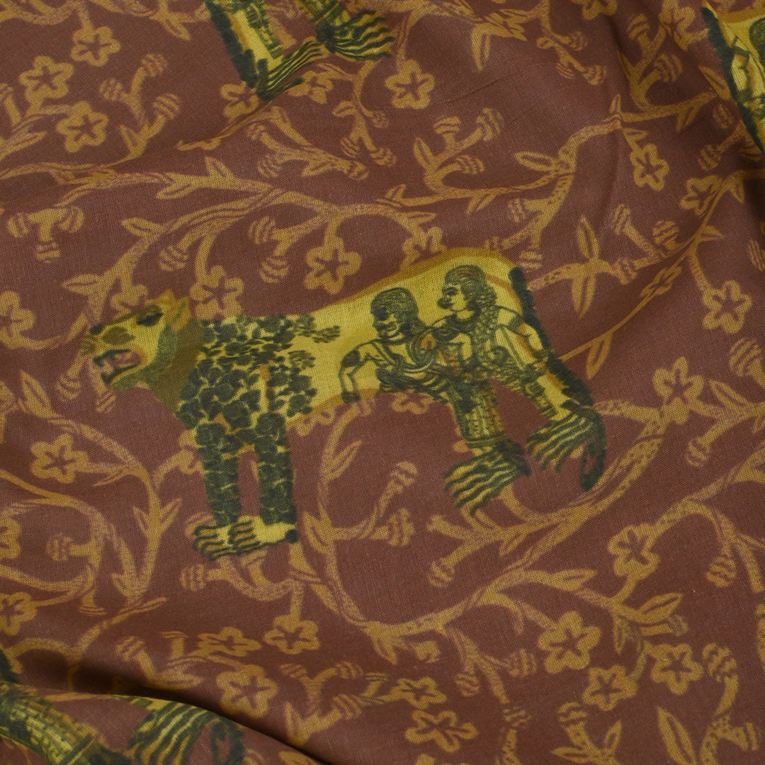 Deep Brown Printed Shikaar Bagh Chanderi Fabric