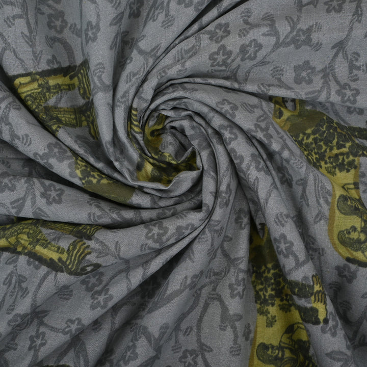 Platinum Grey Printed Shikaarbagh Chanderi Fabric